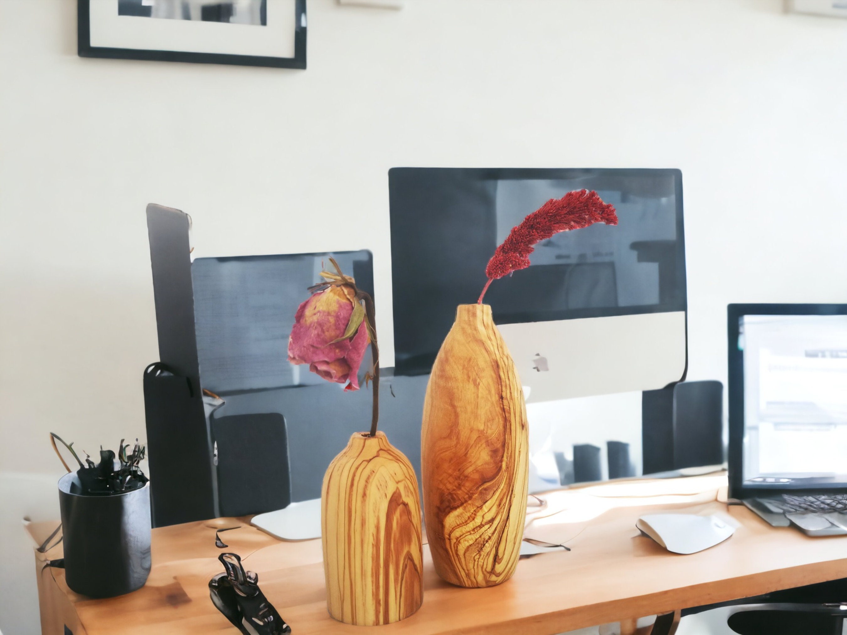 El Yapımı Zeytin Ağacı Minimalist İkili Vazo Seti