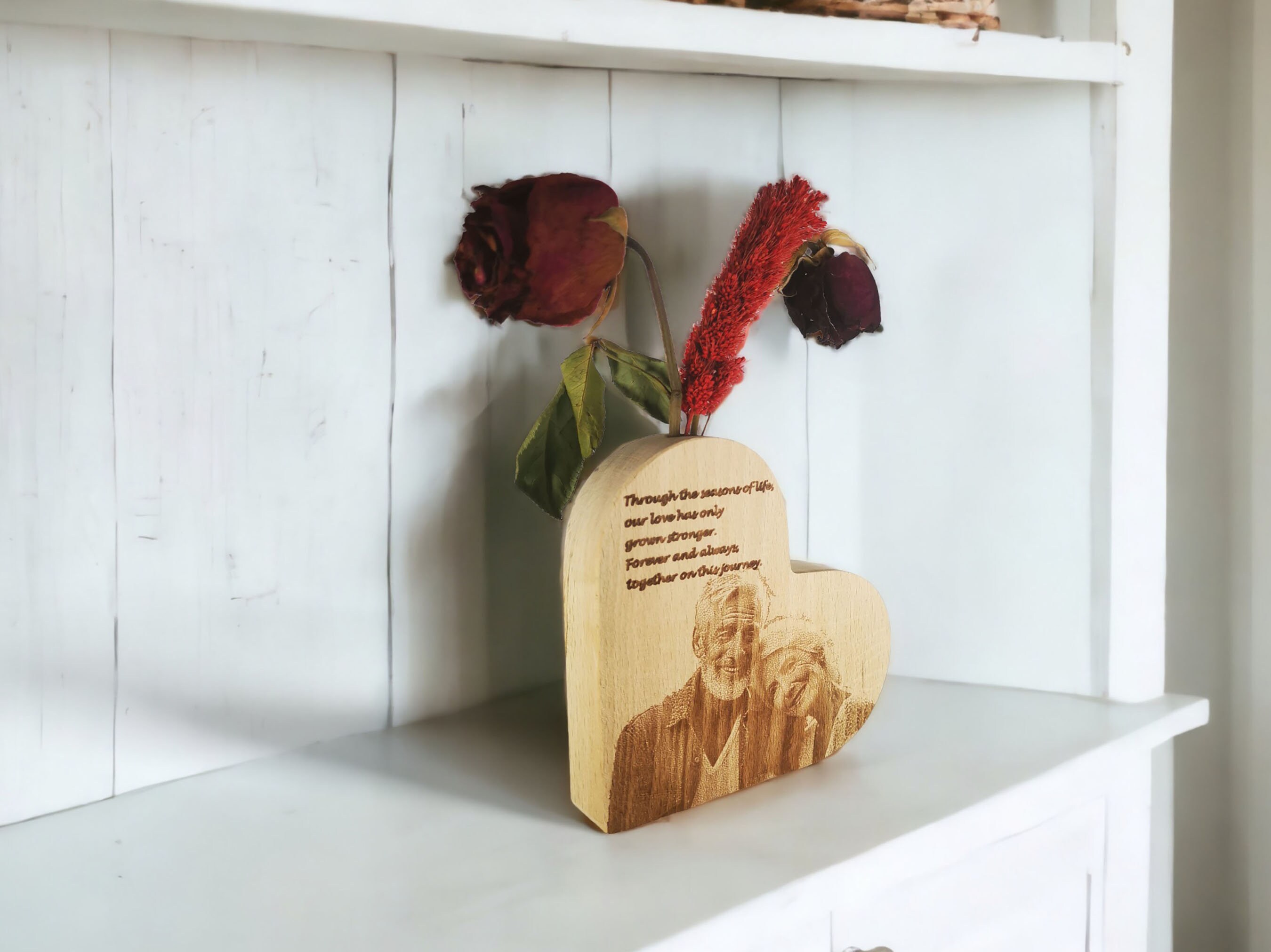 Personalized Photo Engraving Heart Shaped Wooden Vase 