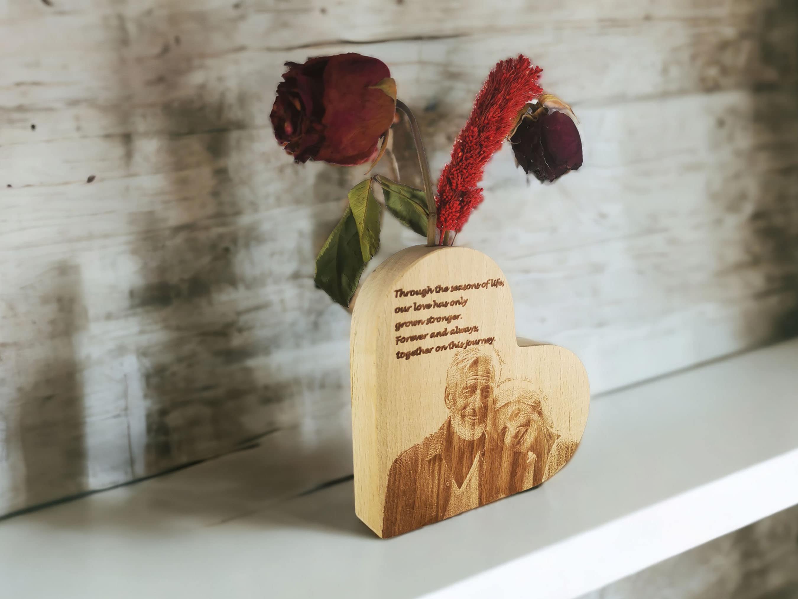 Personalized Photo Engraving Heart Shaped Wooden Vase 