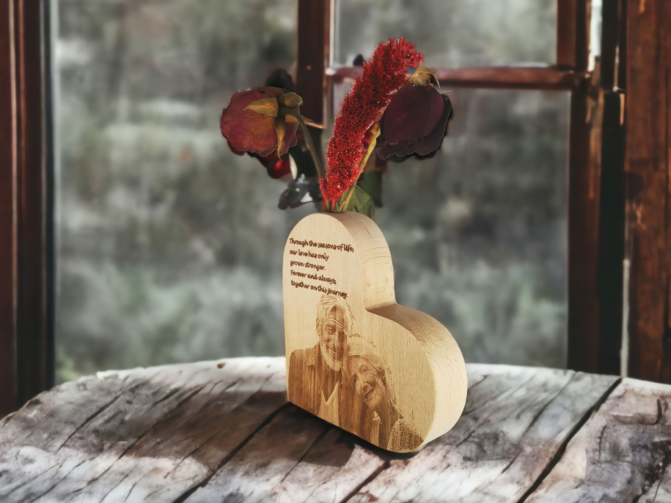 Personalized Photo Engraving Heart Shaped Wooden Vase 