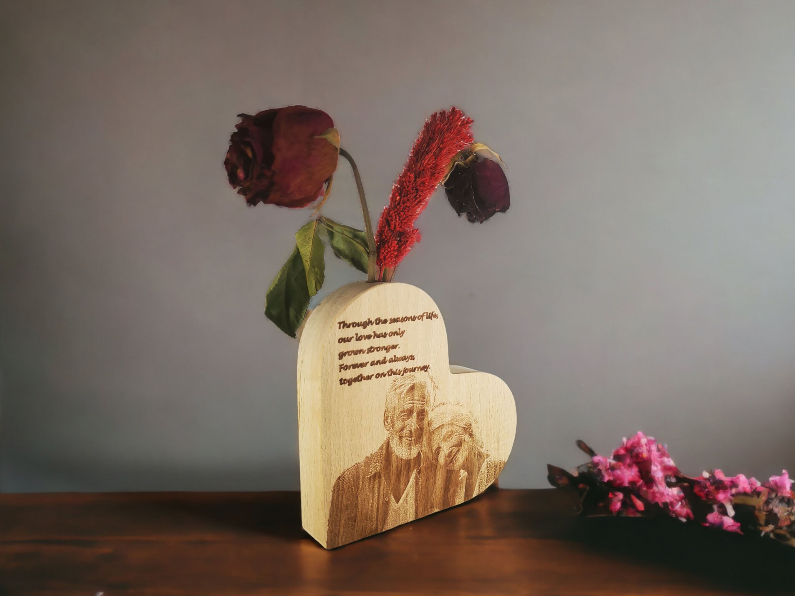 Personalized Photo Engraving Heart Shaped Wooden Vase 