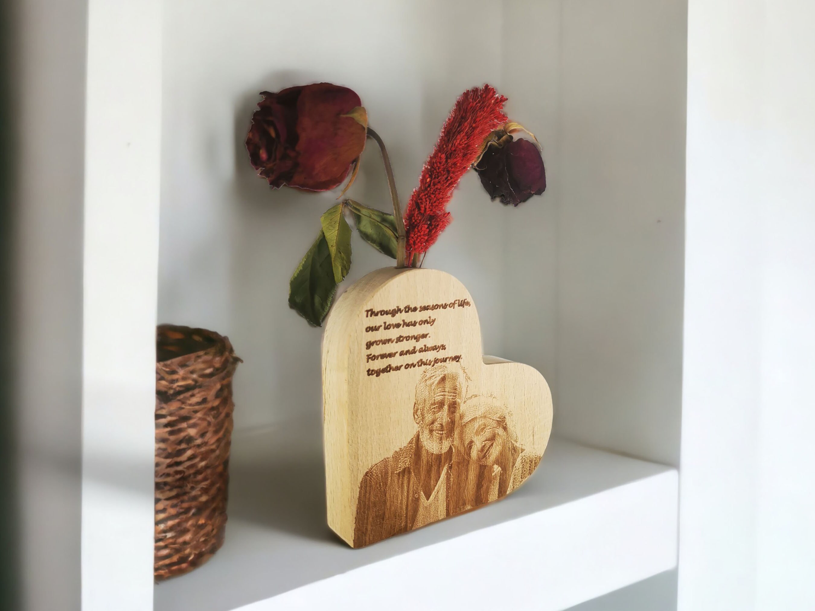 Personalized Photo Engraving Heart Shaped Wooden Vase 