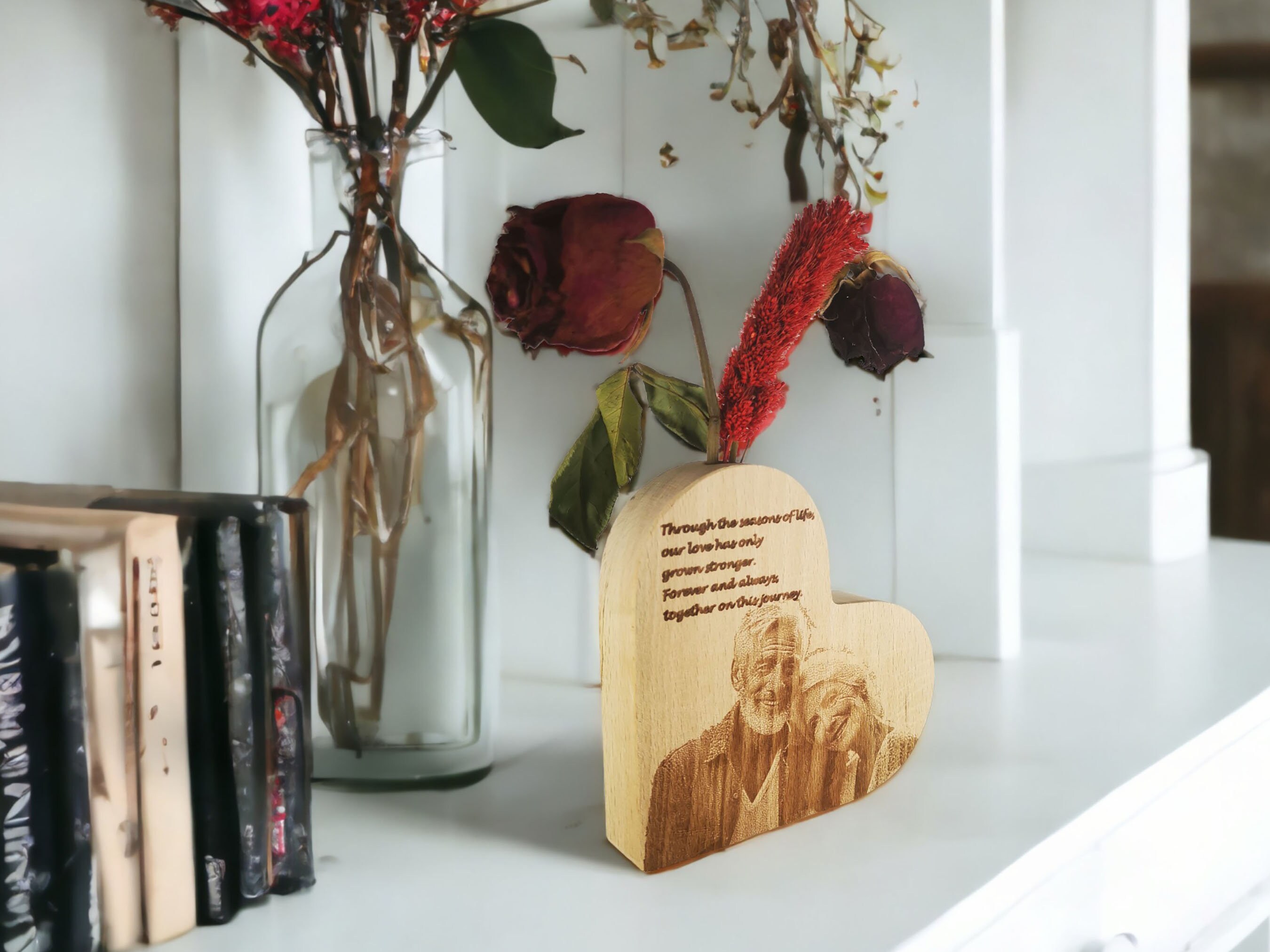 Personalized Photo Engraving Heart Shaped Wooden Vase 