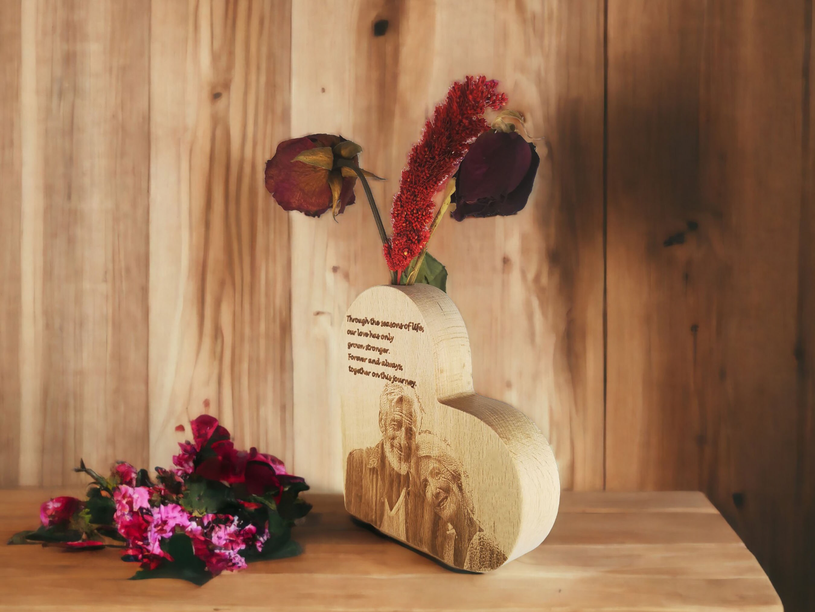 Personalized Photo Engraving Heart Shaped Wooden Vase 