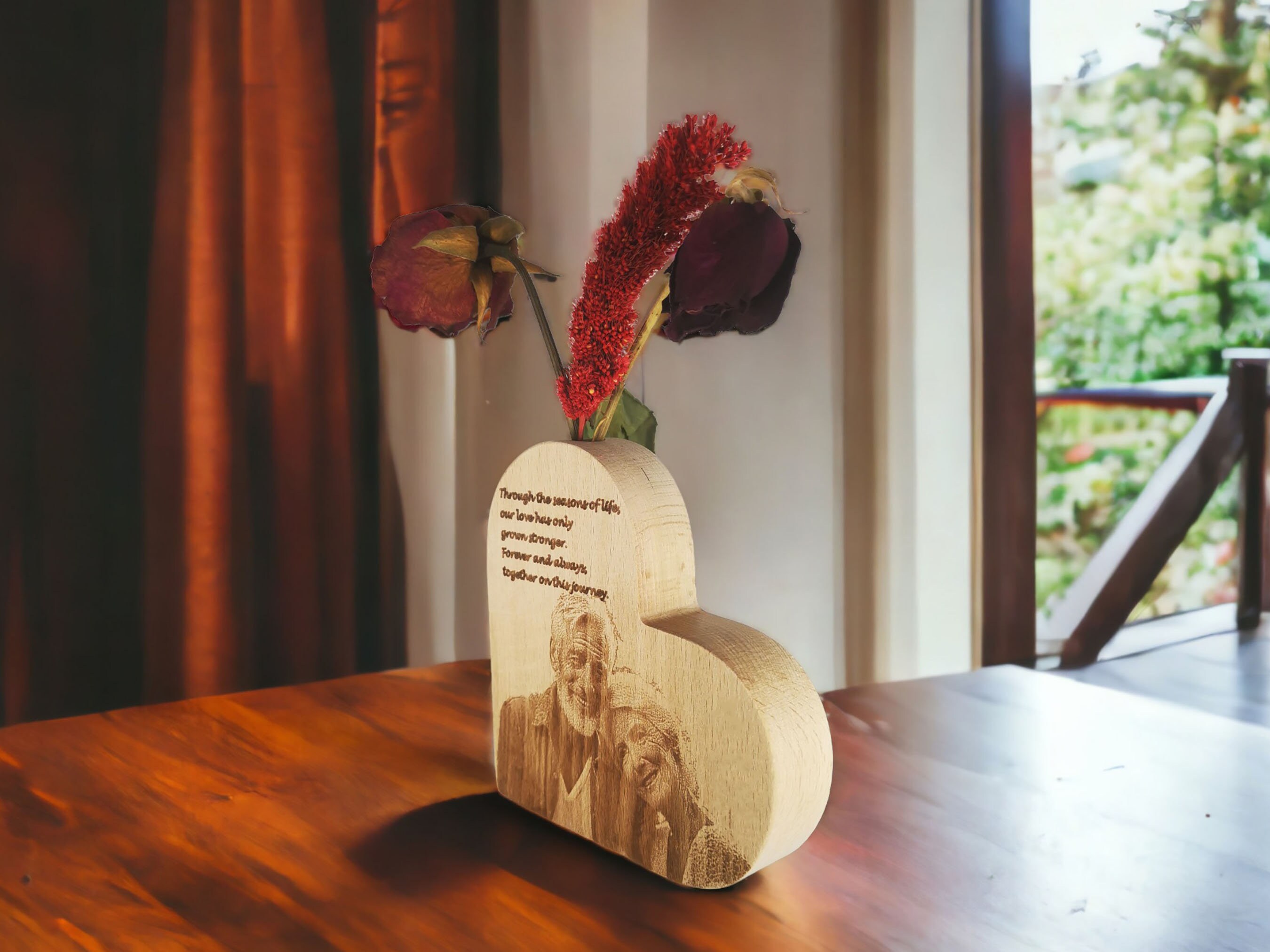 Personalized Photo Engraving Heart Shaped Wooden Vase 