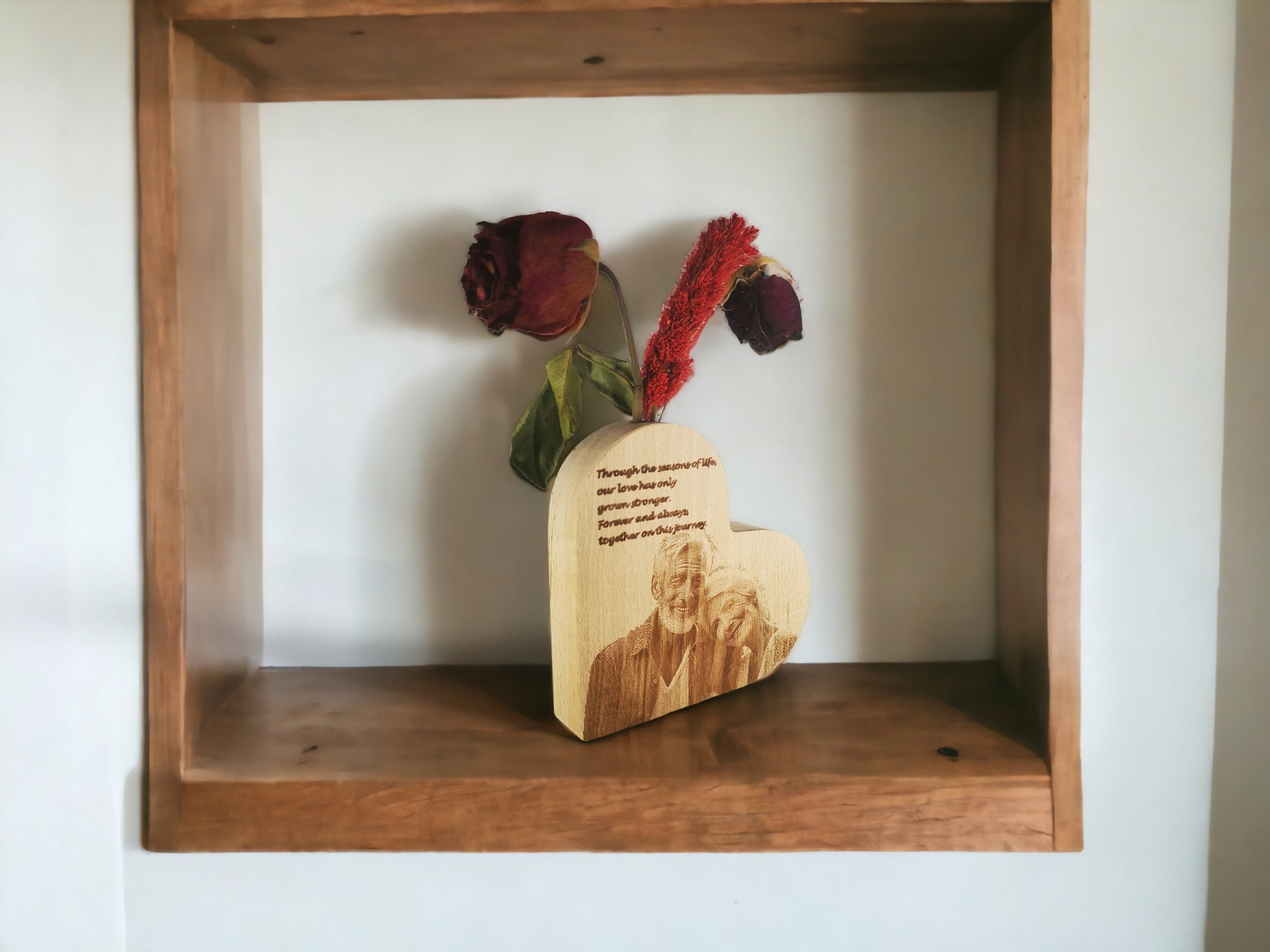 Personalized Photo Engraving Heart Shaped Wooden Vase 
