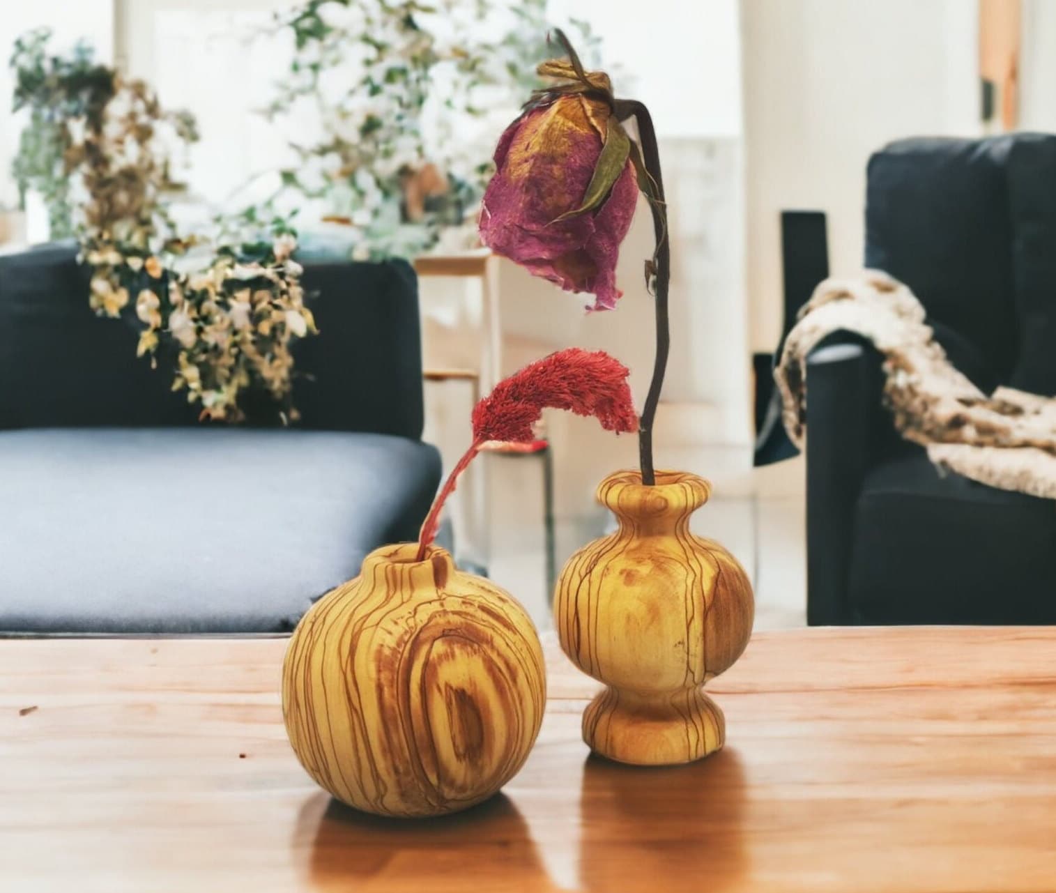 Olive Wood Minimalist Vase Set 