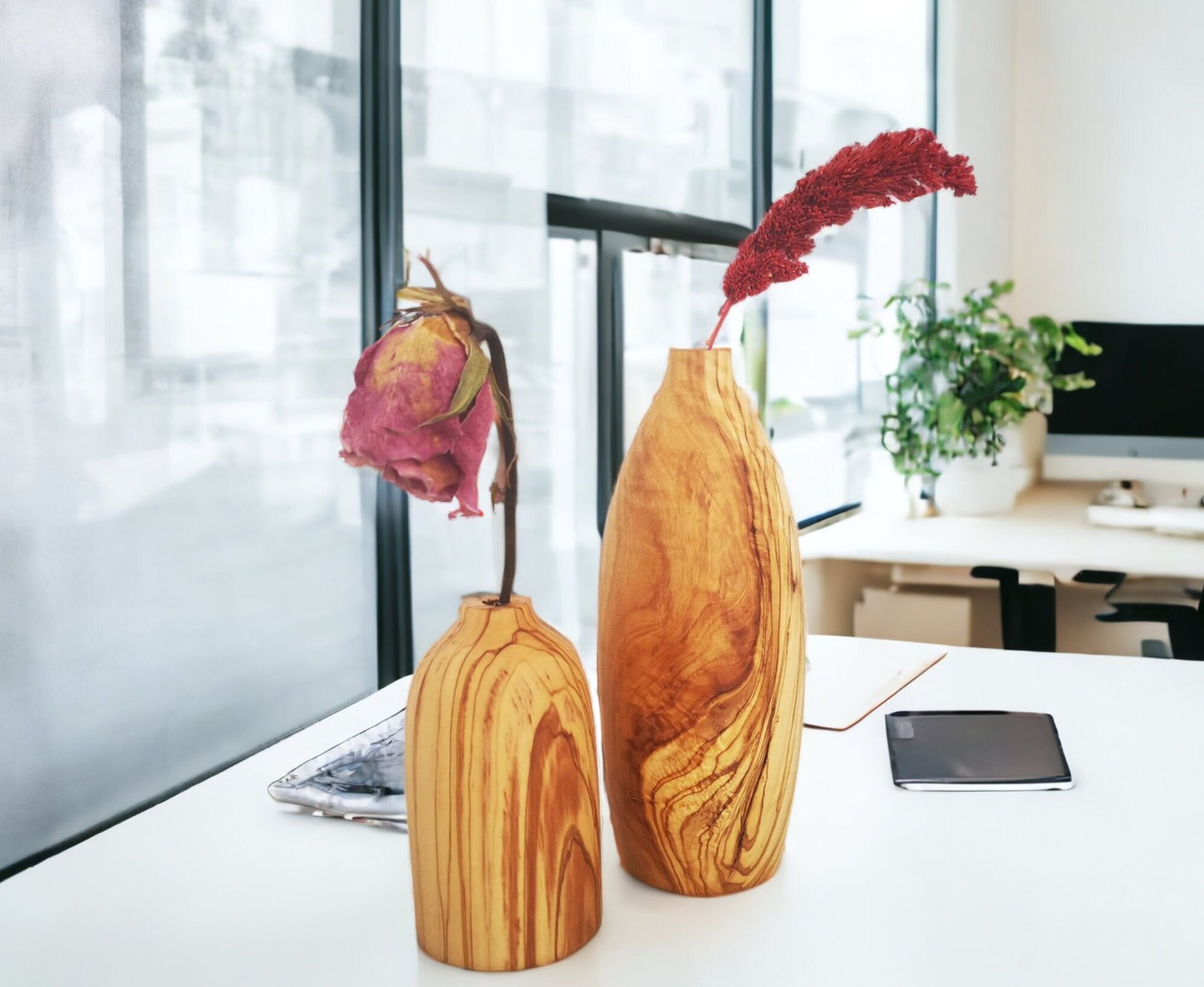 El Yapımı Zeytin Ağacı Minimalist İkili Vazo Seti