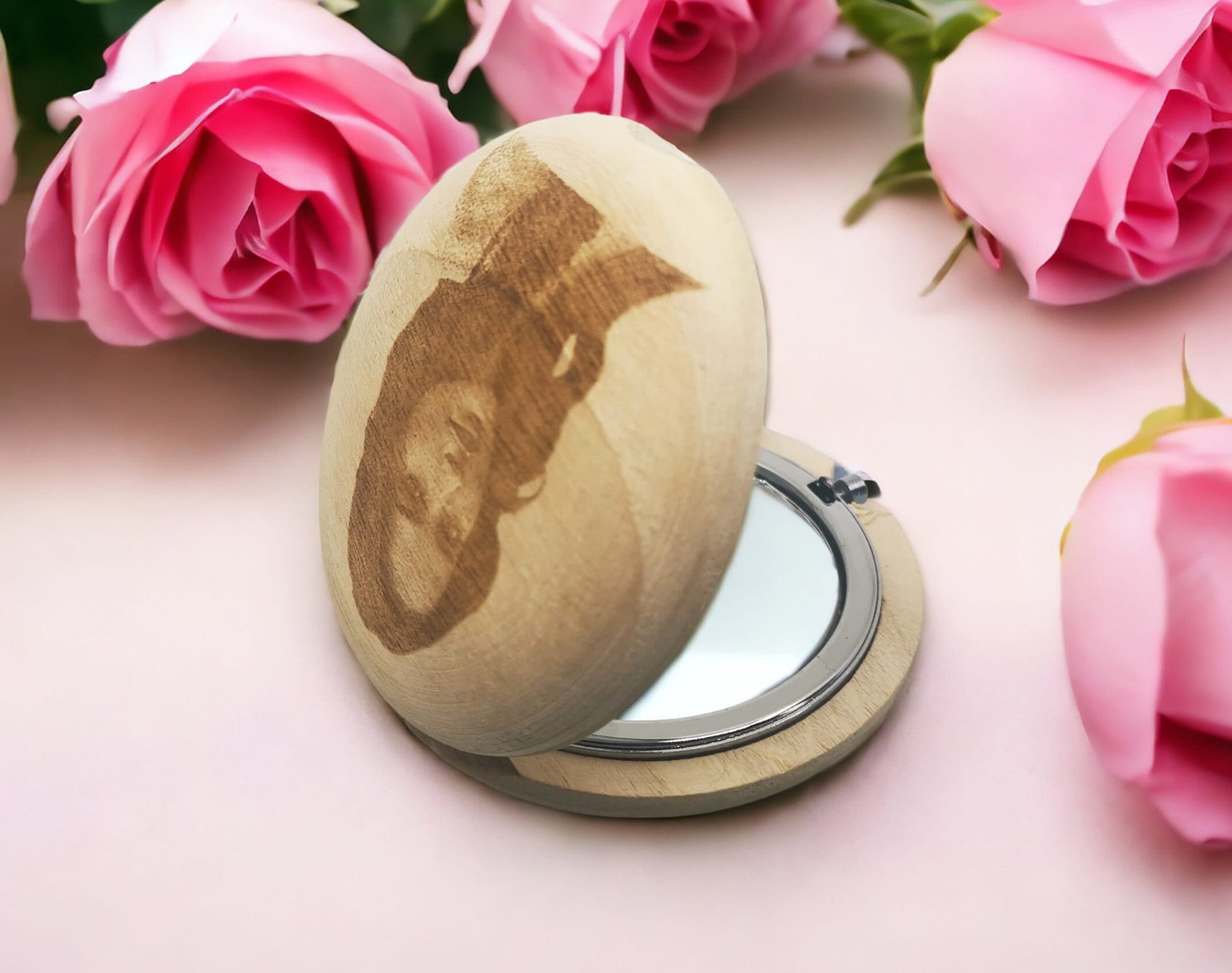 Personalized Hand-Carved Walnut Pocket Mirror 
