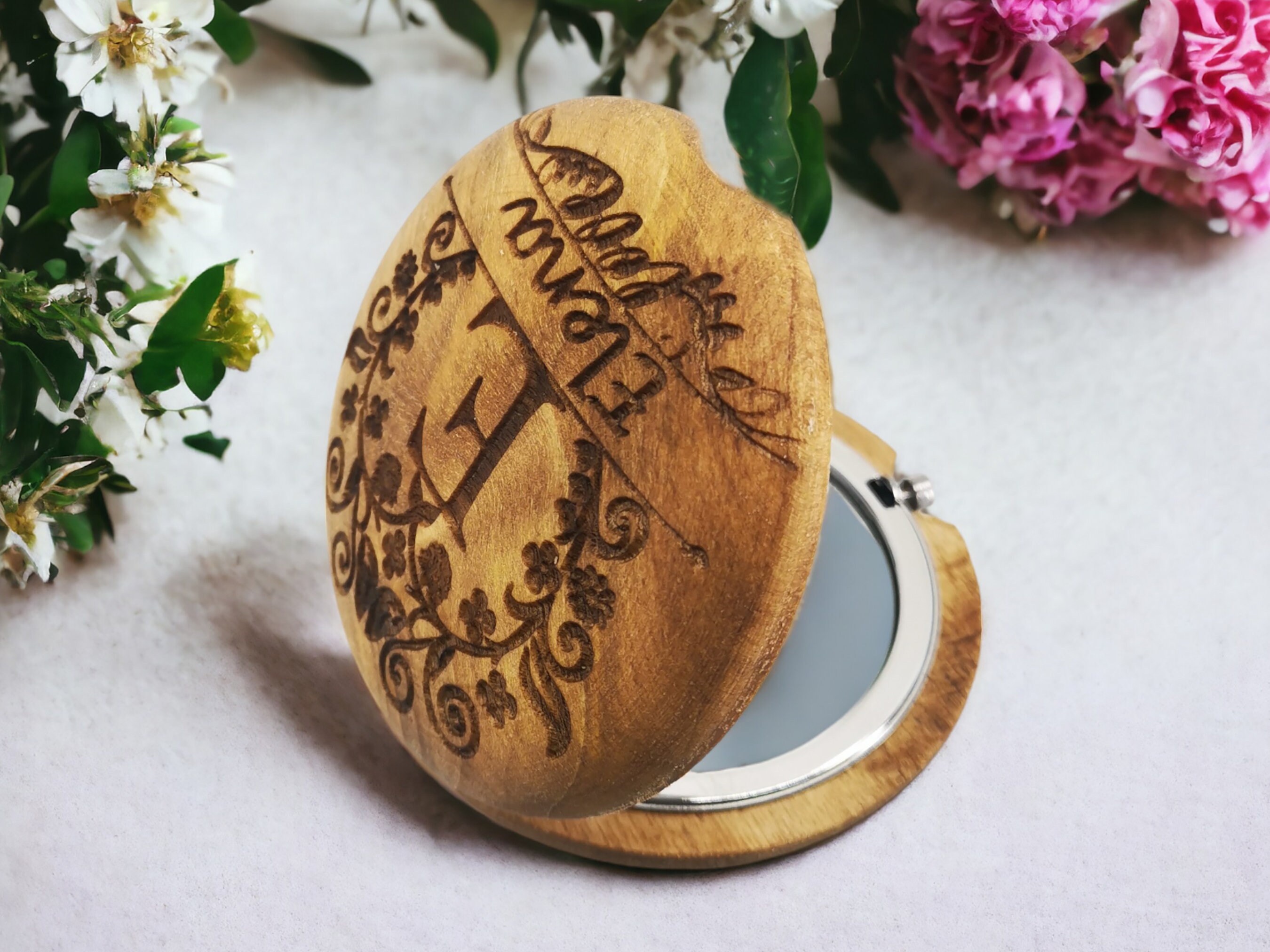 Personalized Hand Carved Walnut Pocket Mirror 