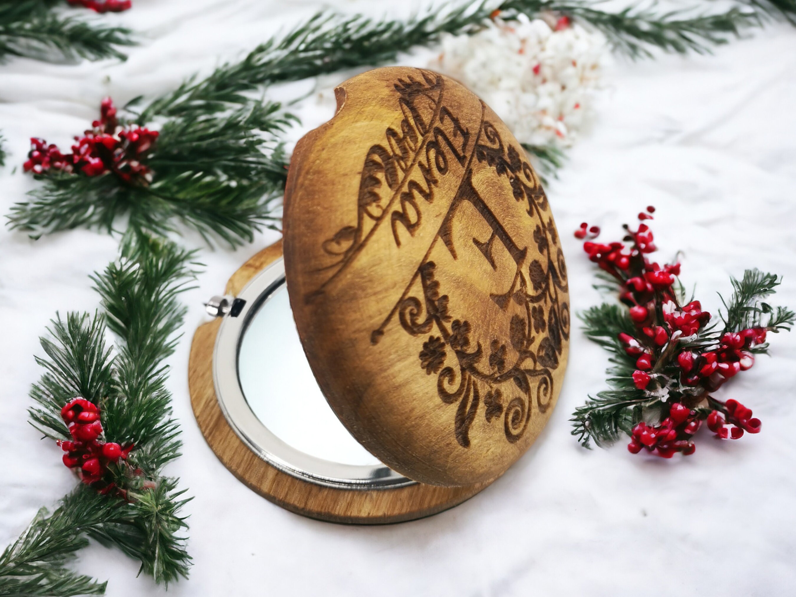 Personalized Hand Carved Walnut Pocket Mirror 