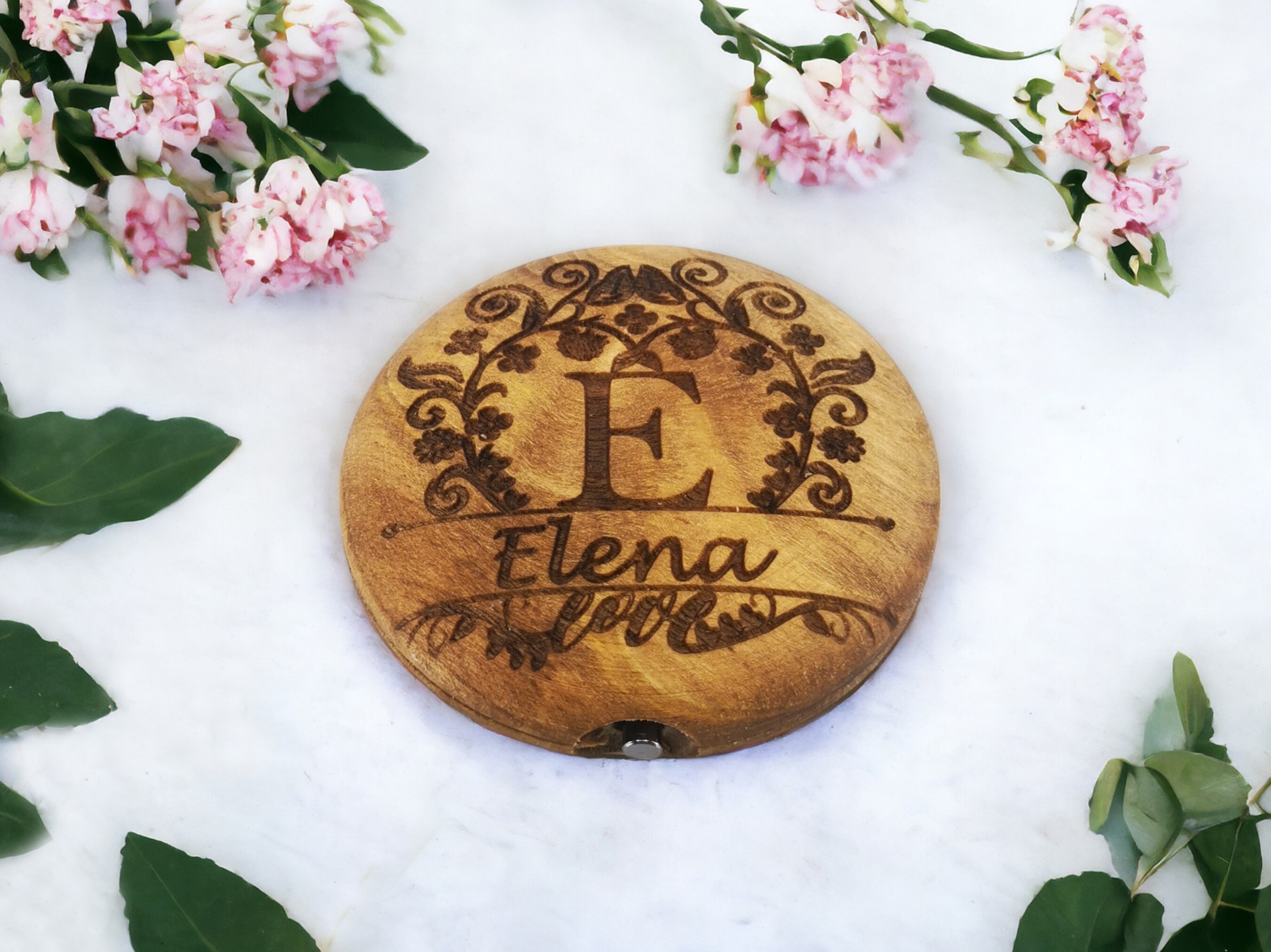 Personalized Hand Carved Walnut Pocket Mirror 