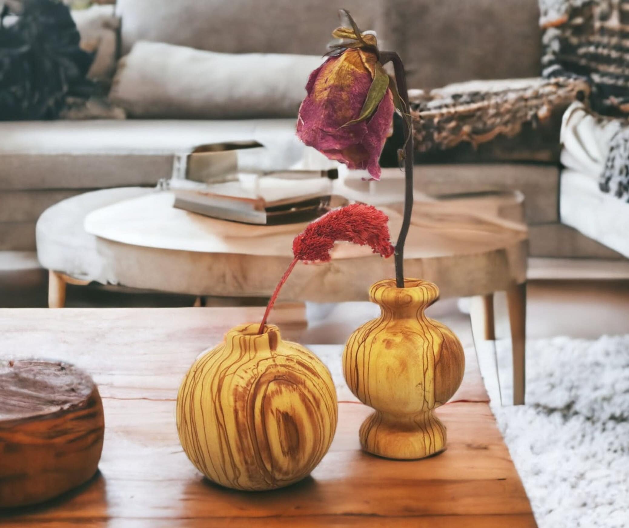 Olive Wood Minimalist Vase Set 