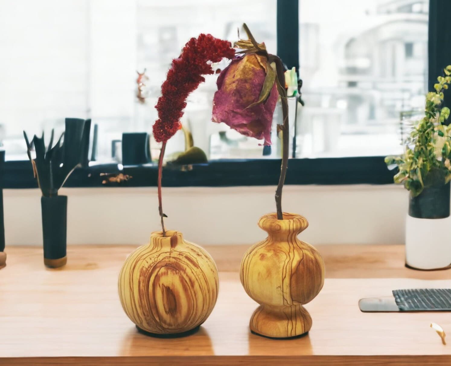 Olive Wood Minimalist Vase Set 