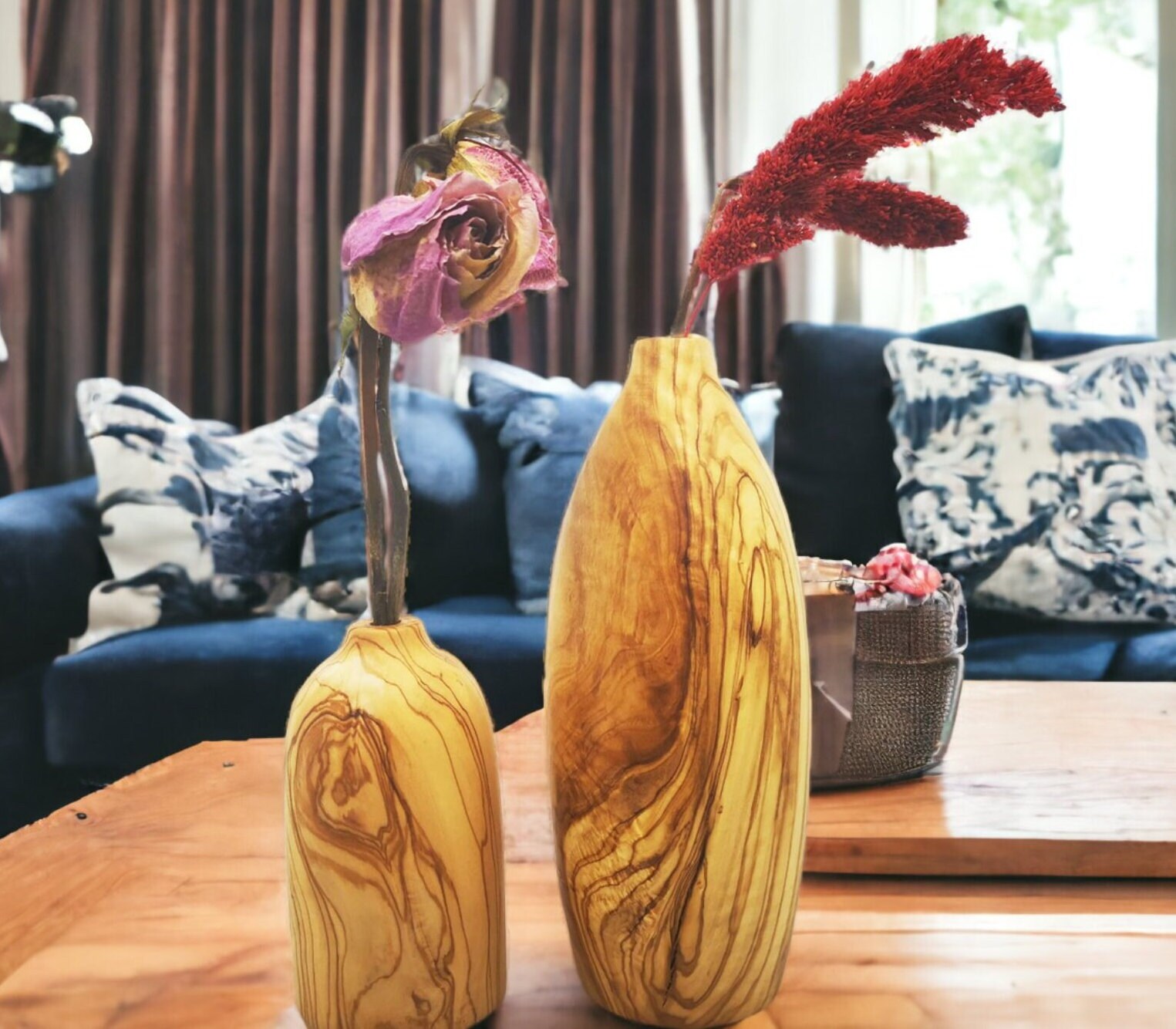 El Yapımı Zeytin Ağacı Minimalist İkili Vazo Seti