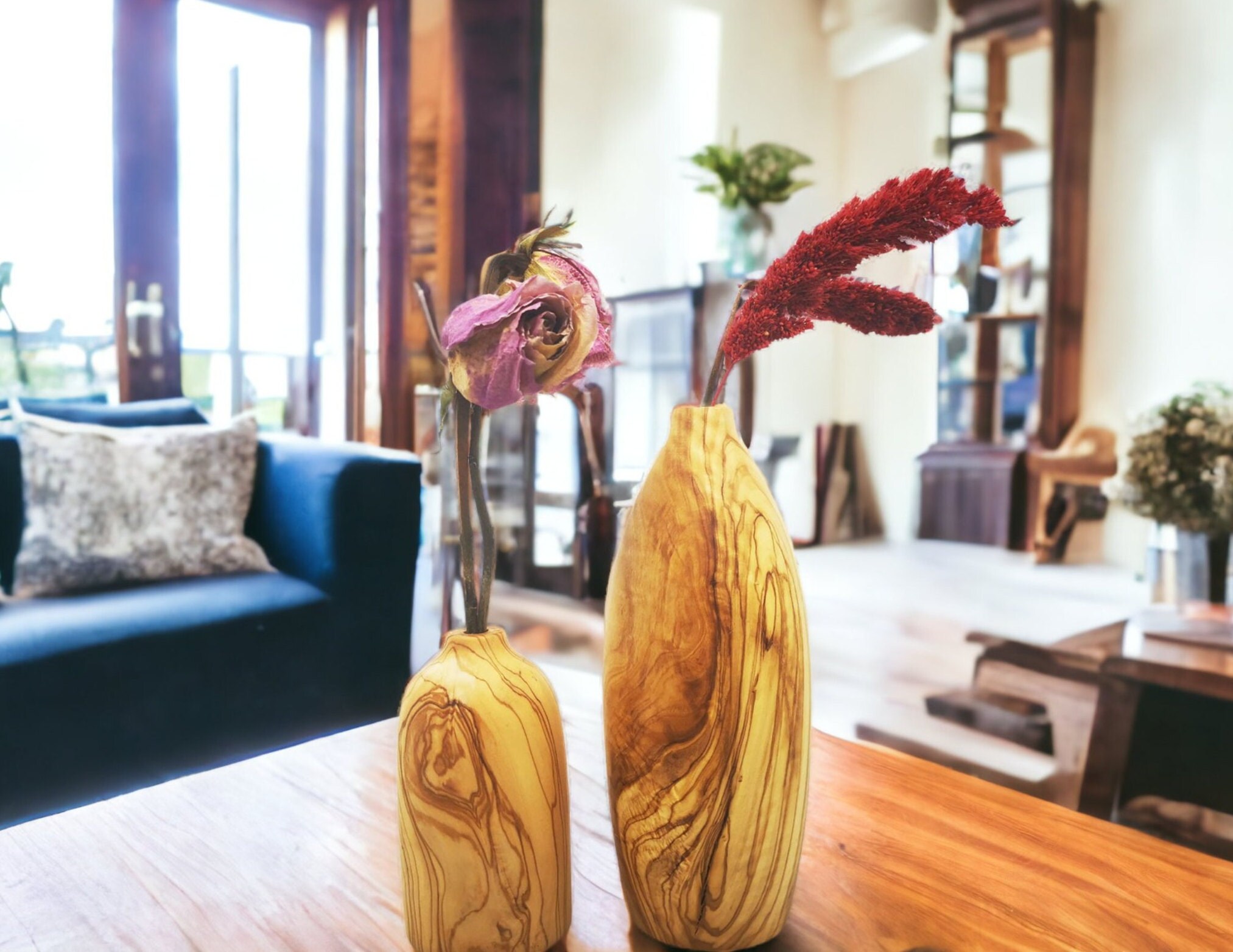 El Yapımı Zeytin Ağacı Minimalist İkili Vazo Seti
