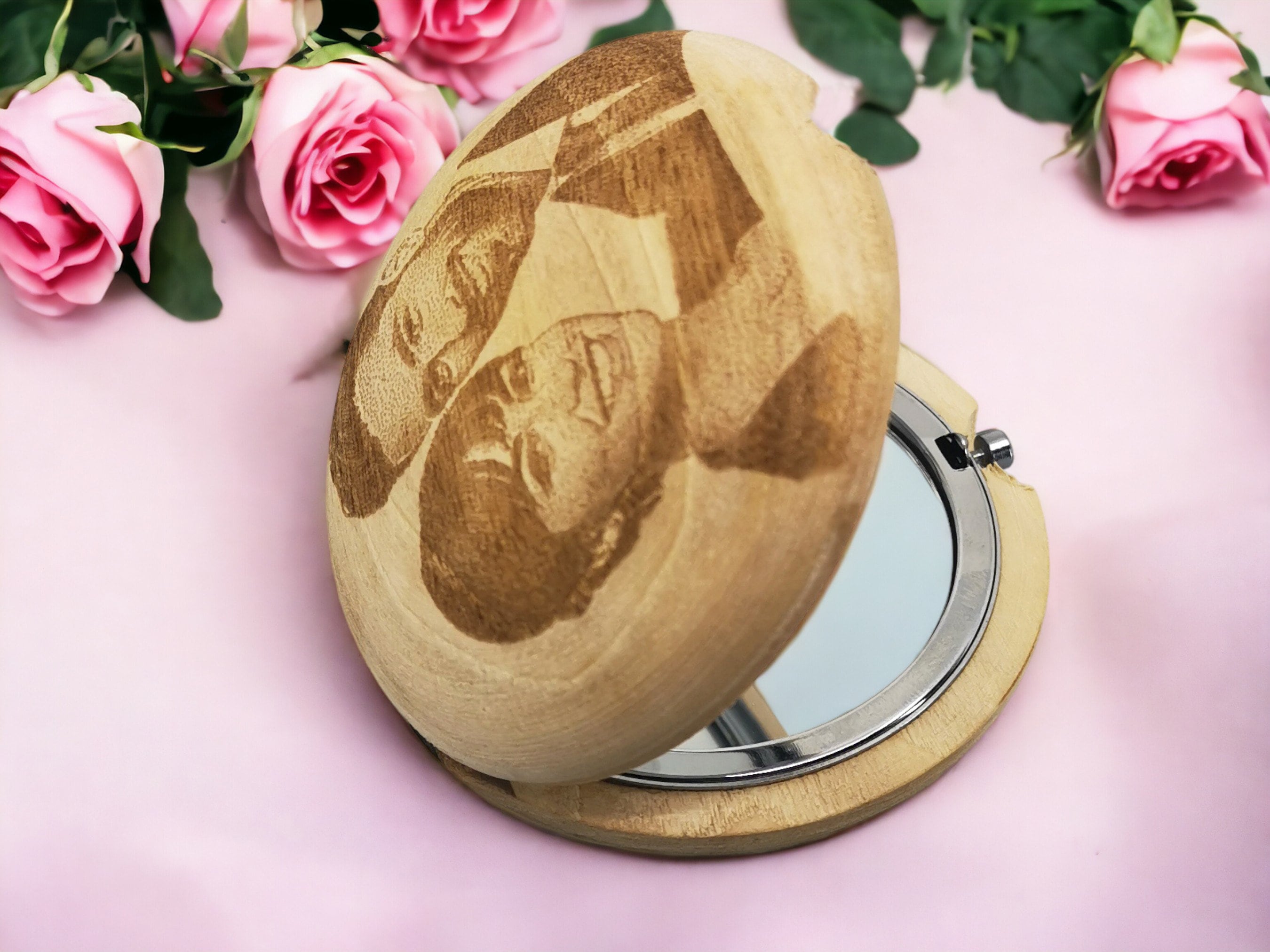 Personalized Hand Carved Walnut Wood Pocket Mirror 