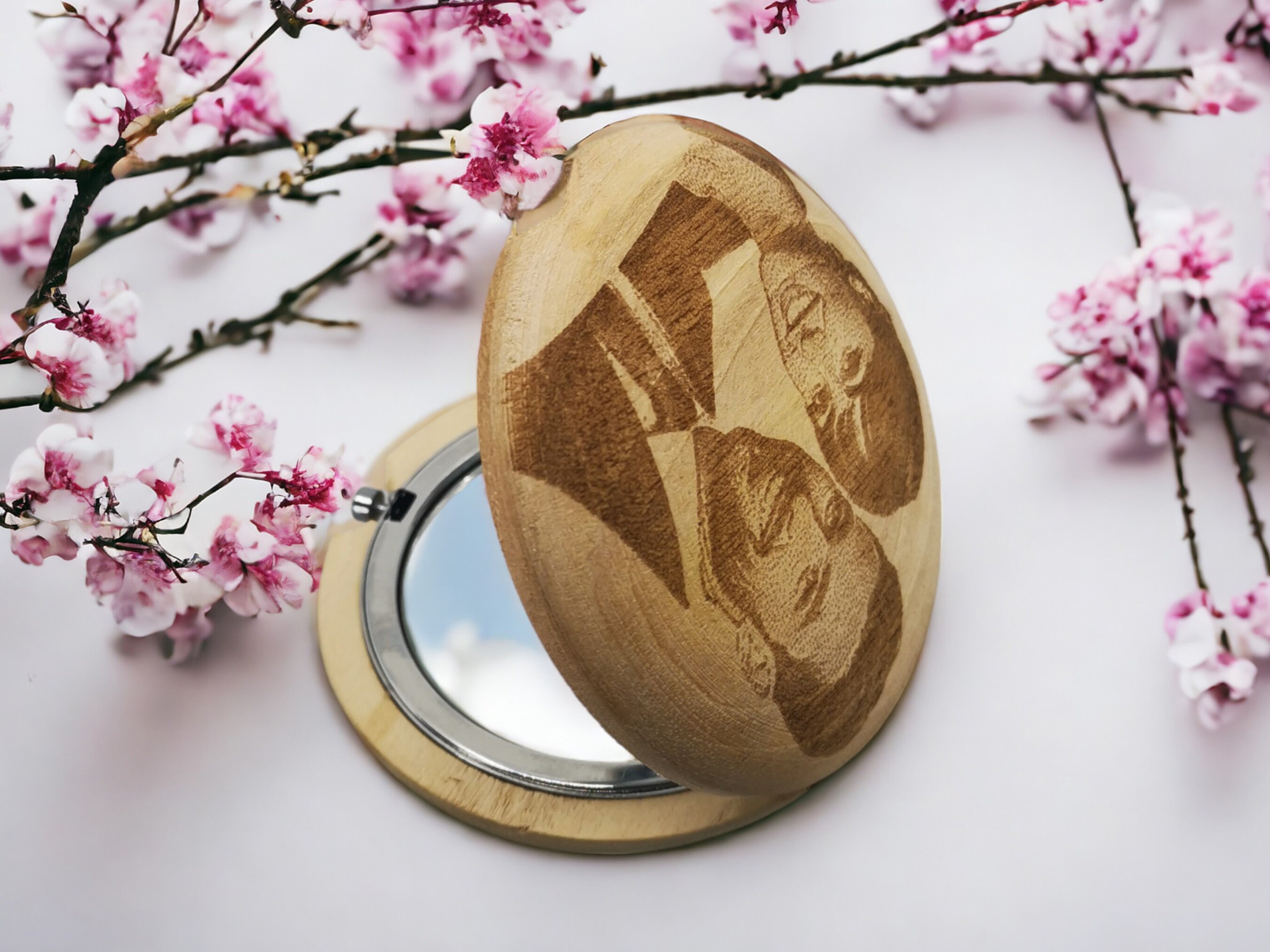 Personalized Hand Carved Walnut Wood Pocket Mirror 