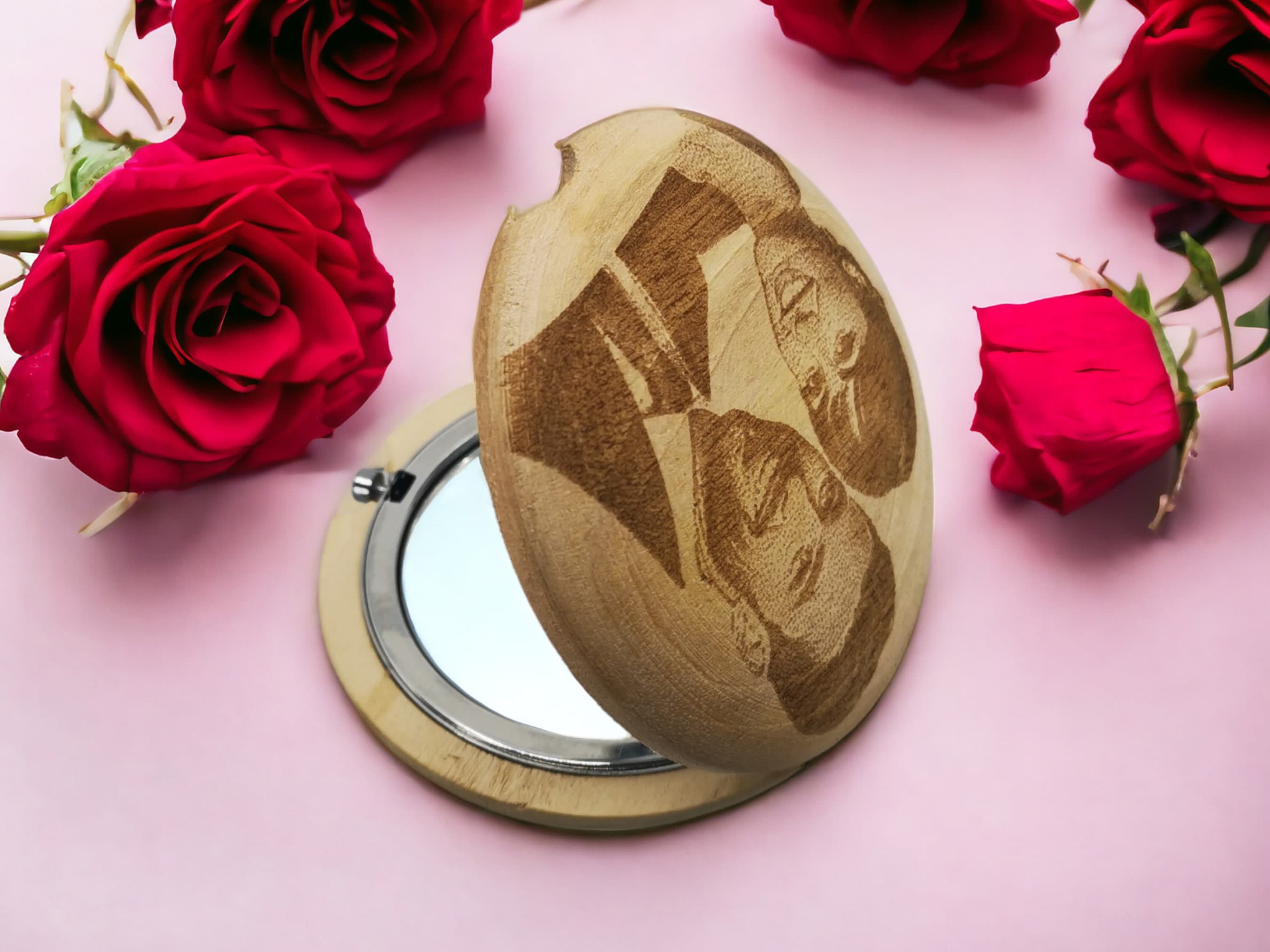 Personalized Hand Carved Walnut Wood Pocket Mirror 