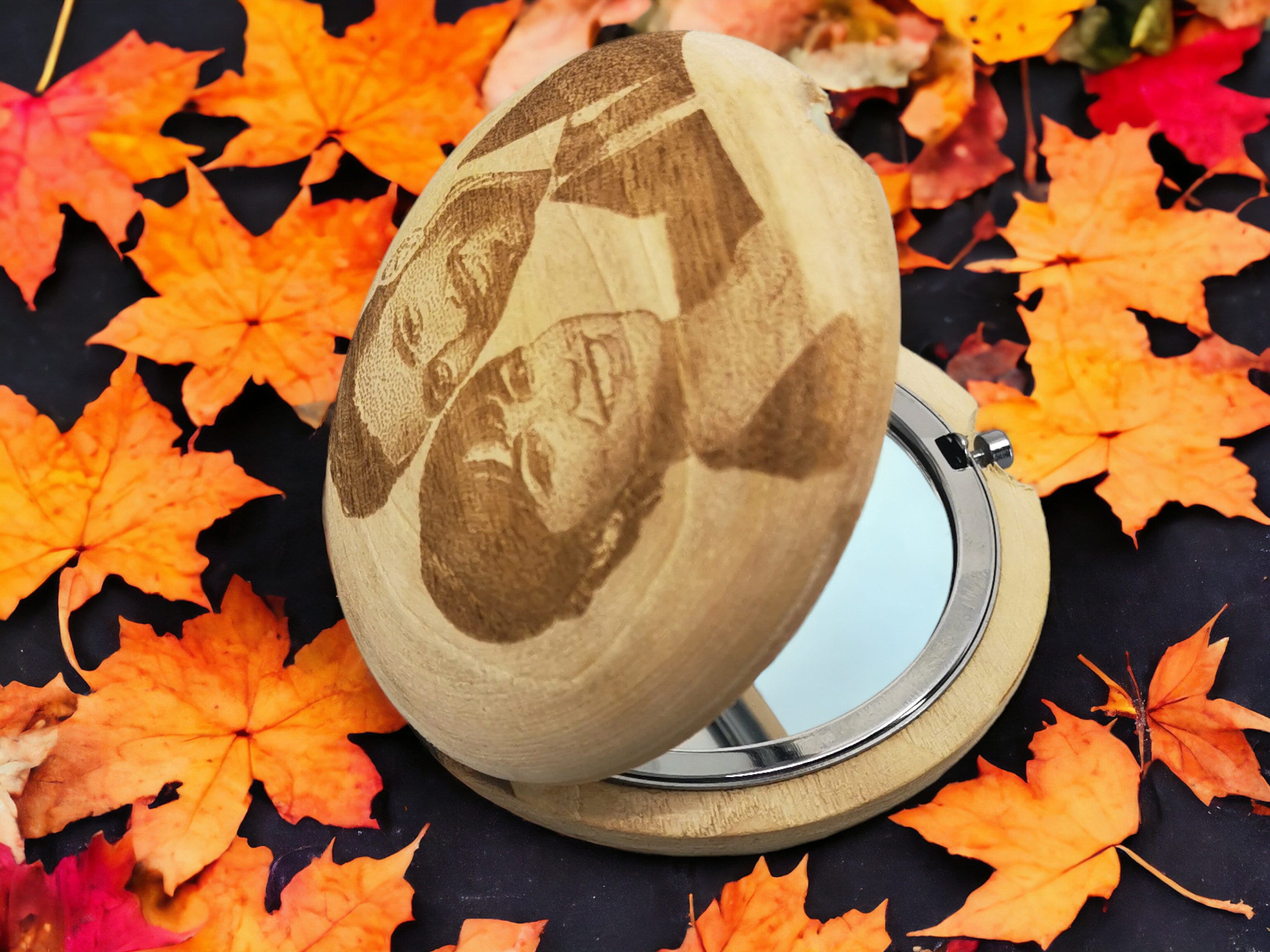 Personalized Hand Carved Walnut Wood Pocket Mirror 