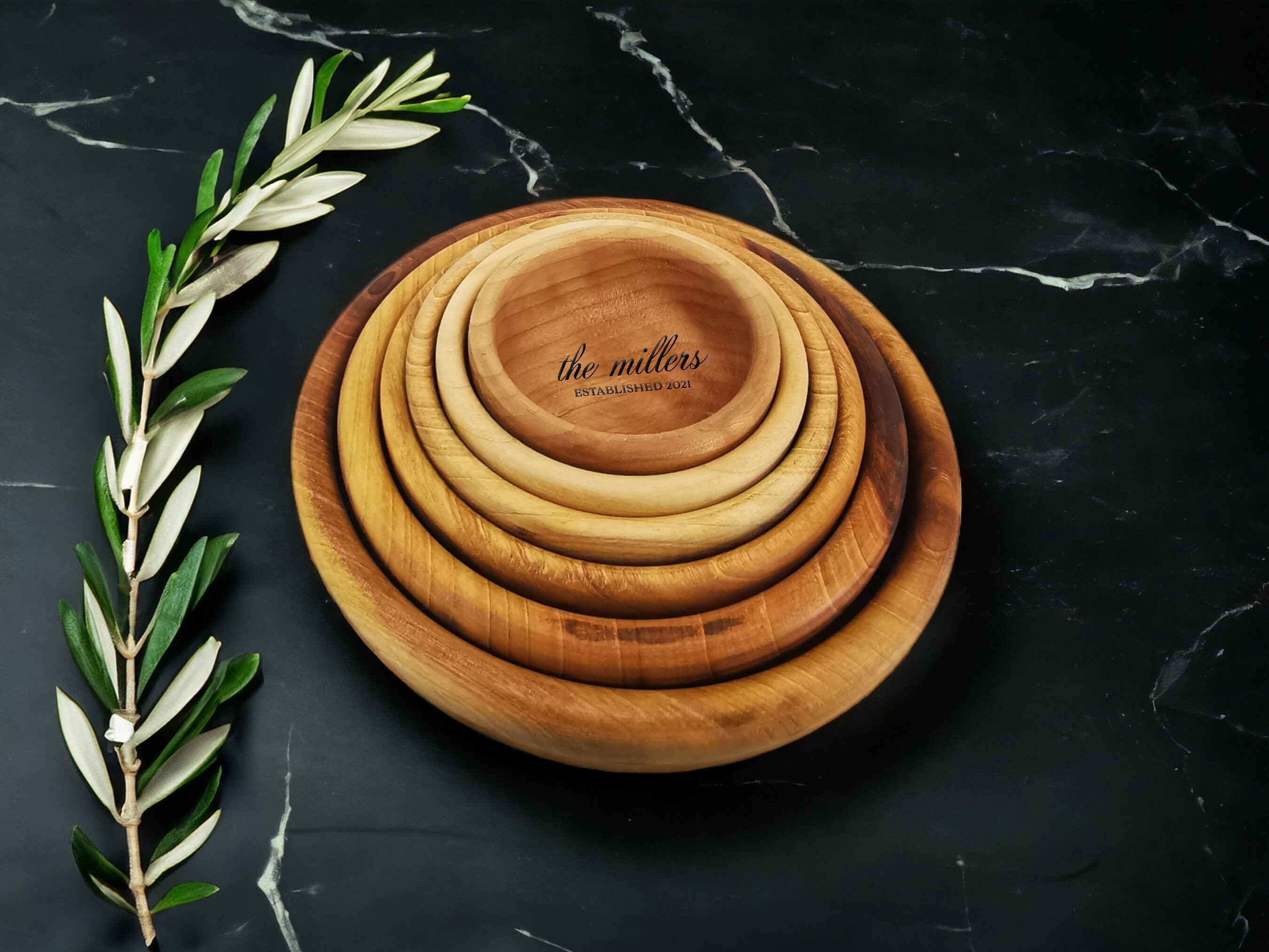 Personalized Set of 6 Hand Carved Walnut Wood Bowls,