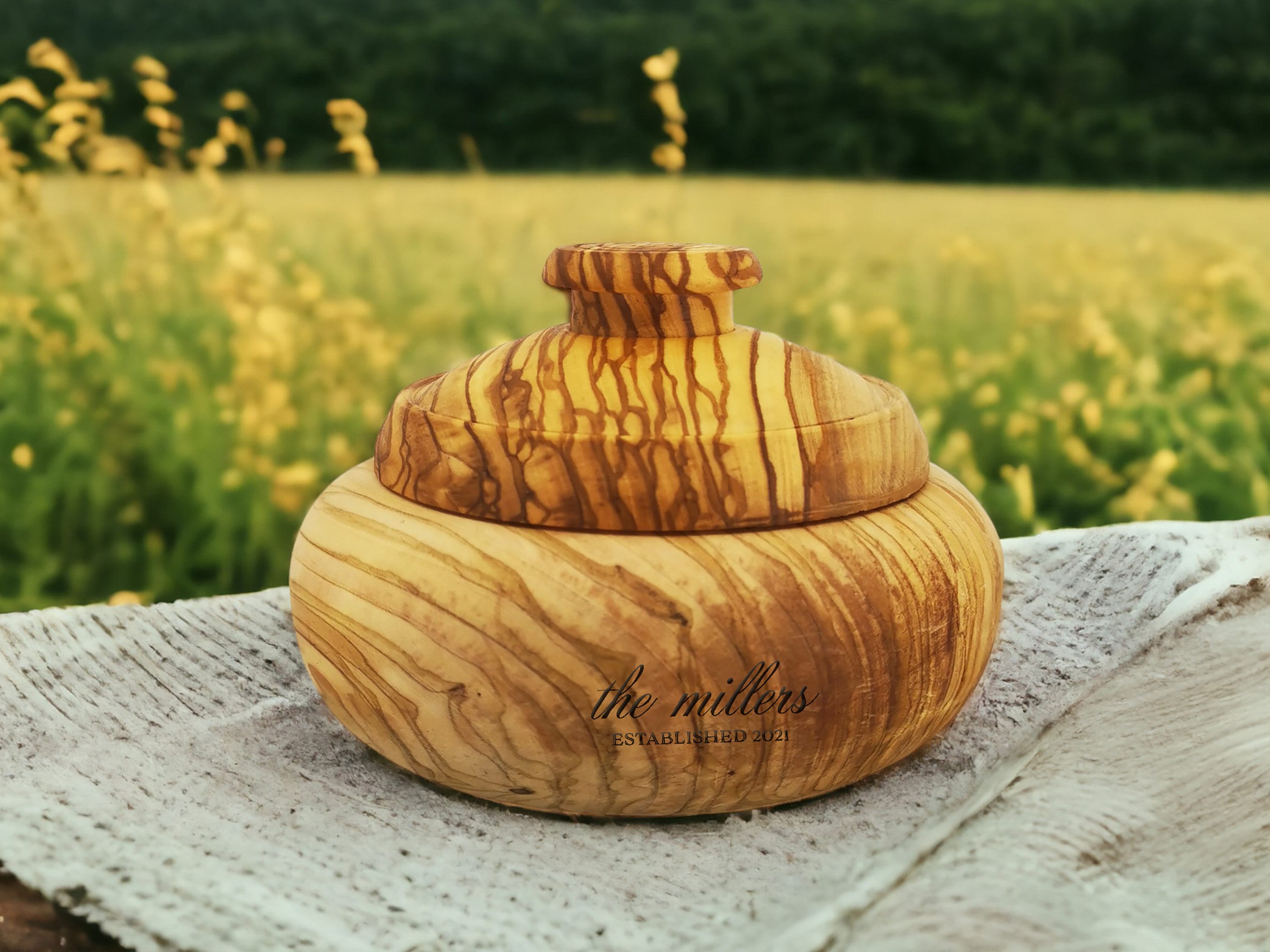Customizable Hand-Carved Olive Wood Bowl with Lid