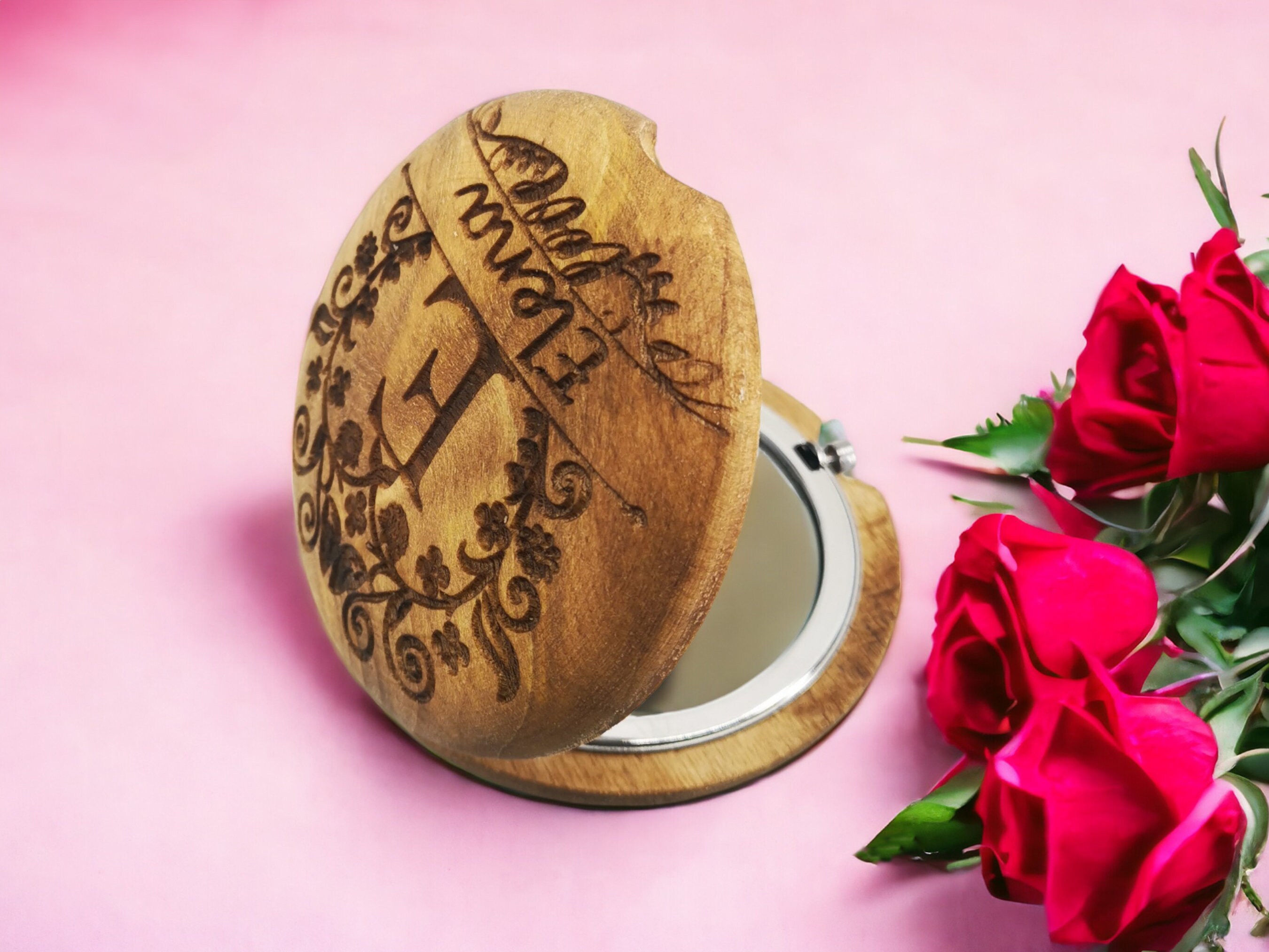 Personalized Hand Carved Walnut Pocket Mirror 