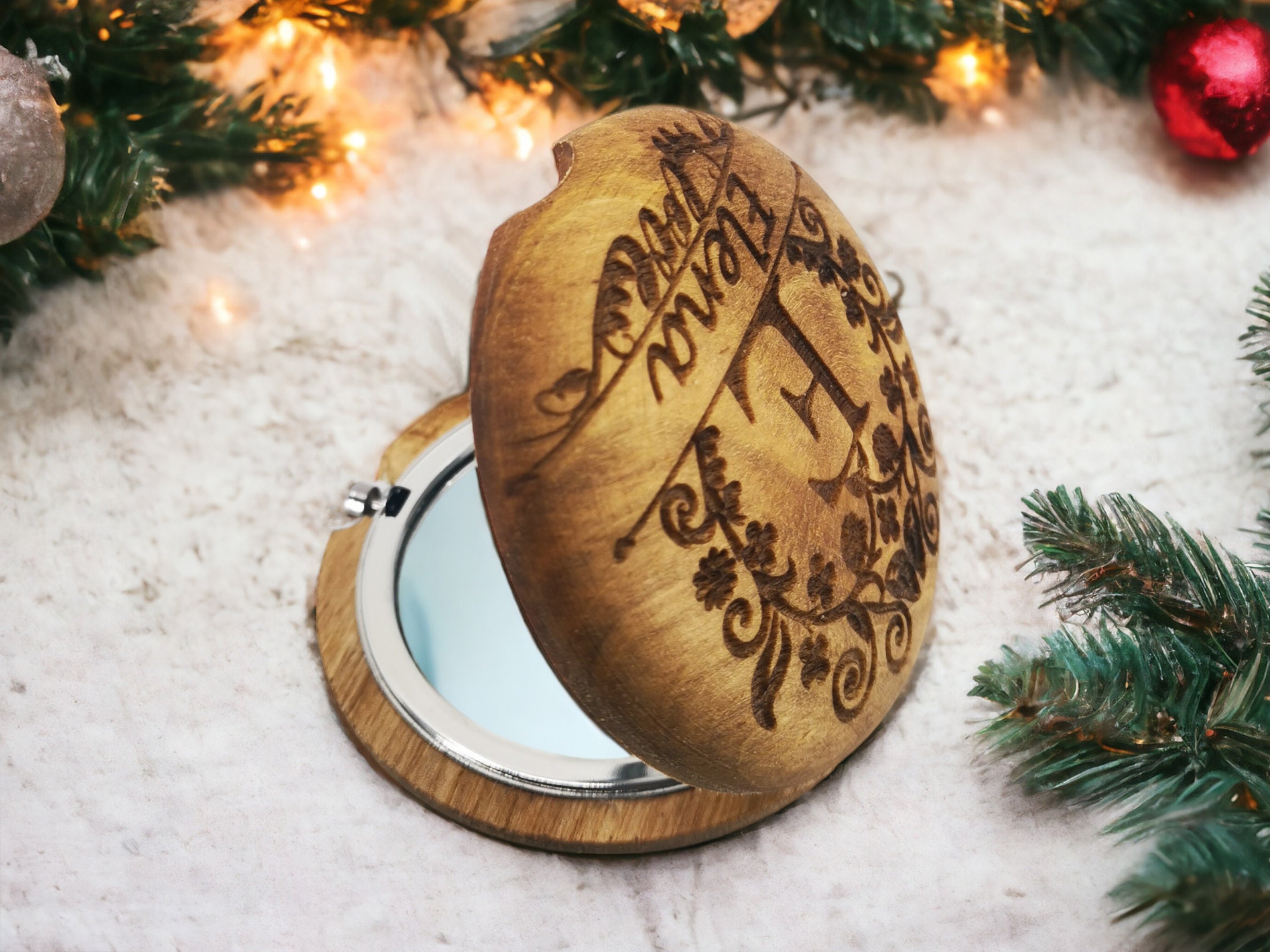 Personalized Hand Carved Walnut Pocket Mirror 