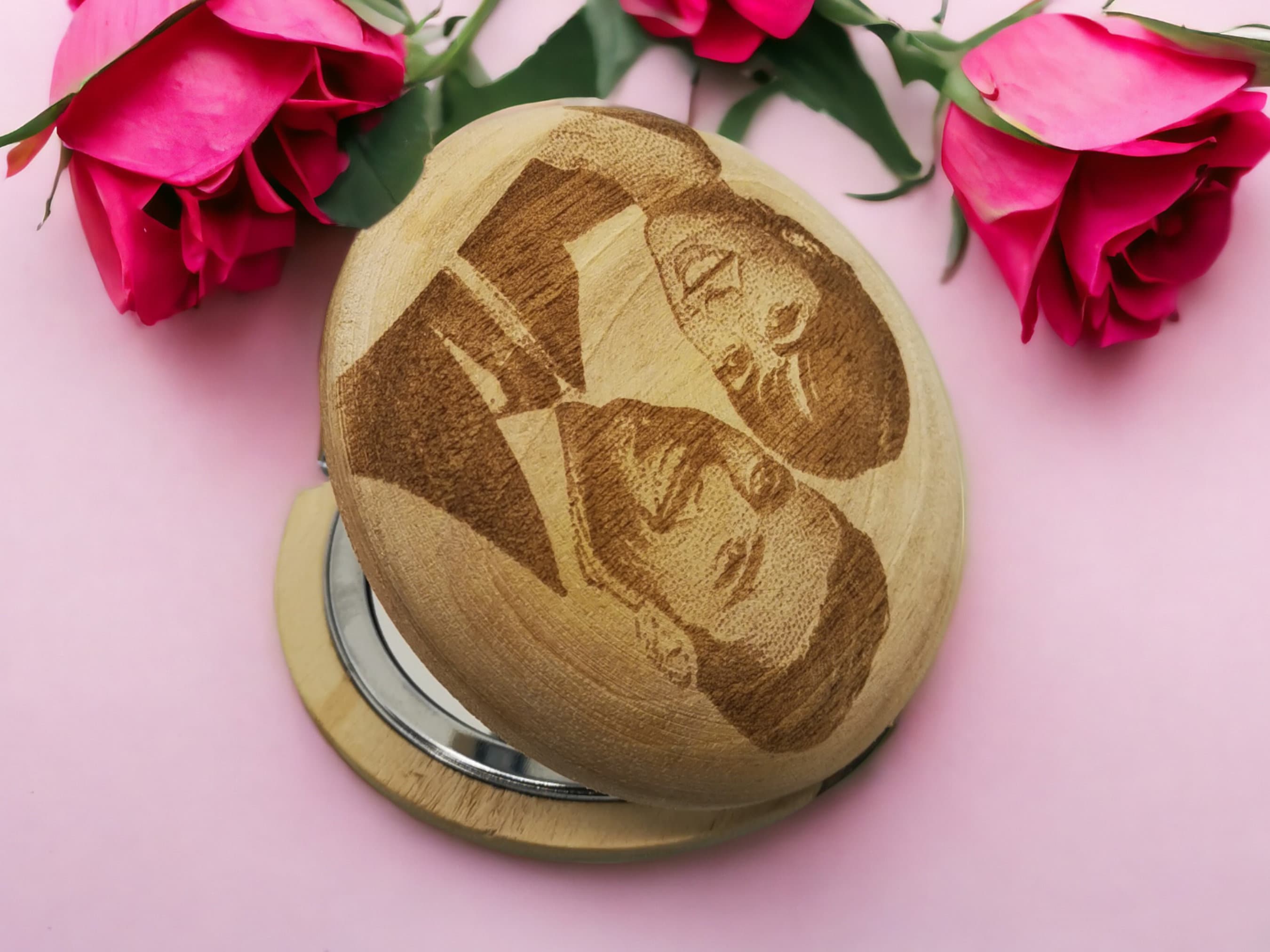 Personalized Hand Carved Walnut Wood Pocket Mirror 