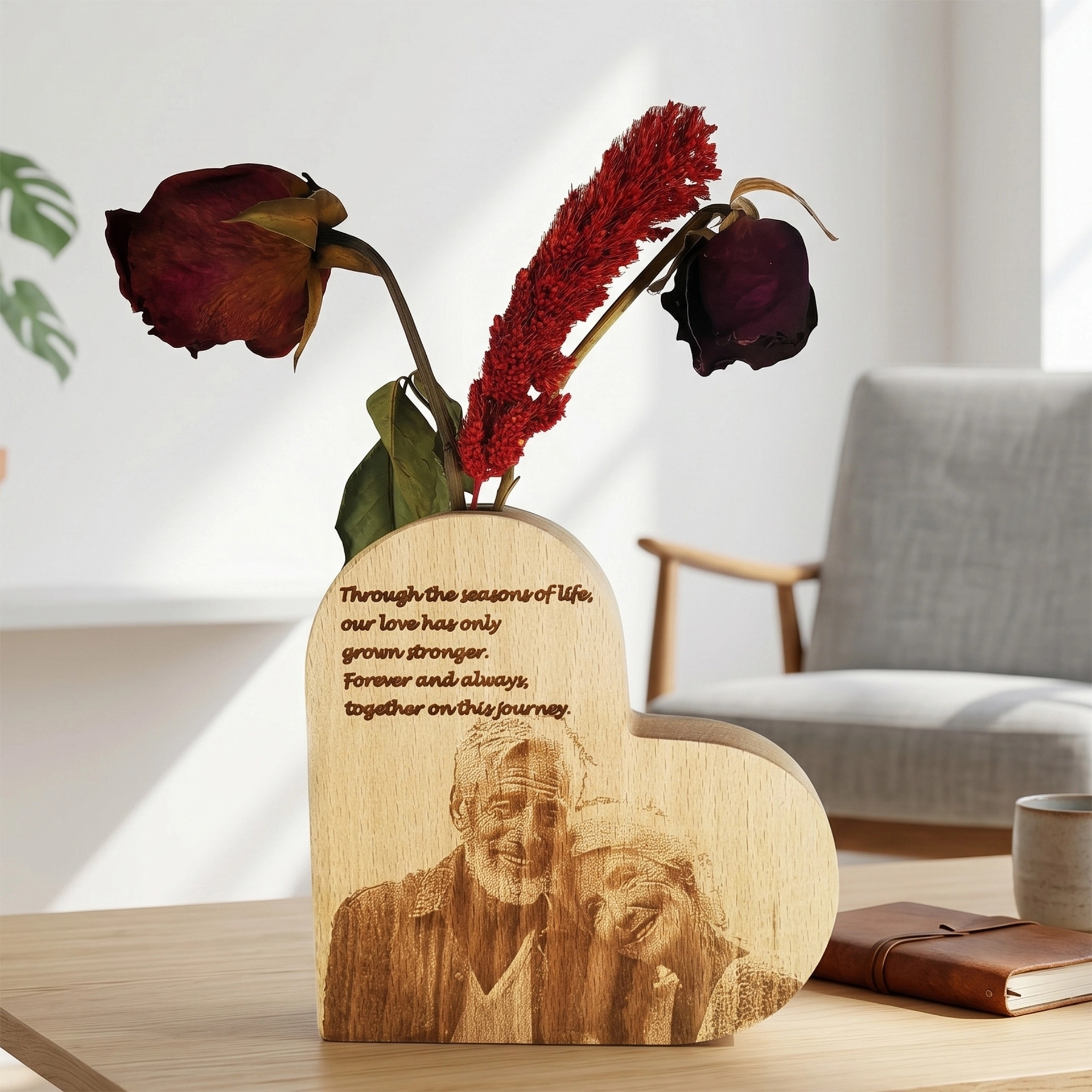 Kalp Şeklinde ve Fotoğraf Gravürlü Kişiye Özel Ahşap Vazo