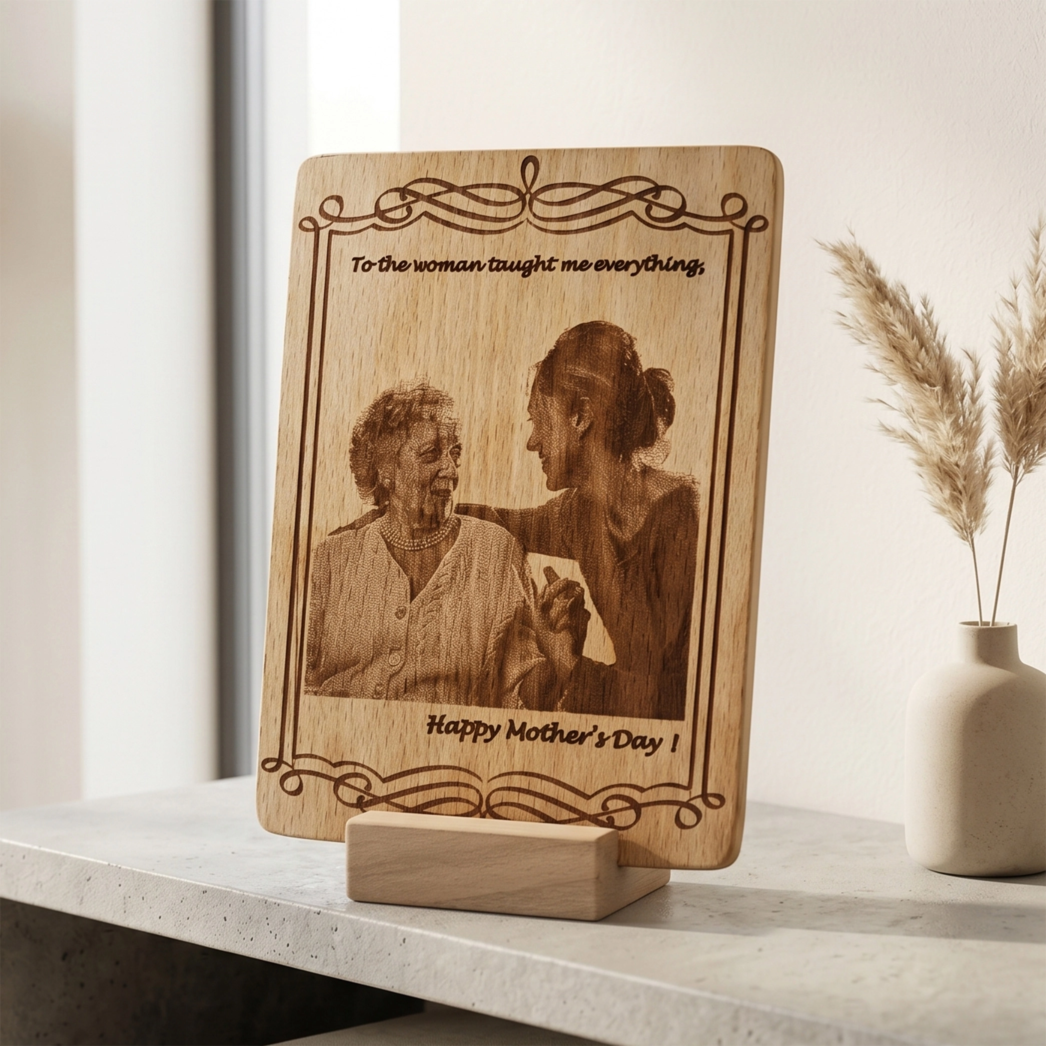 Engraved Photo on Wood as Gift for Mother’s Day