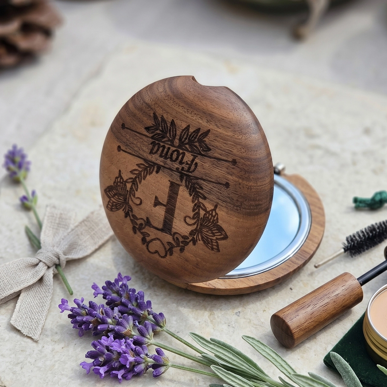 Personalized Hand Carved Walnut Pocket Mirror