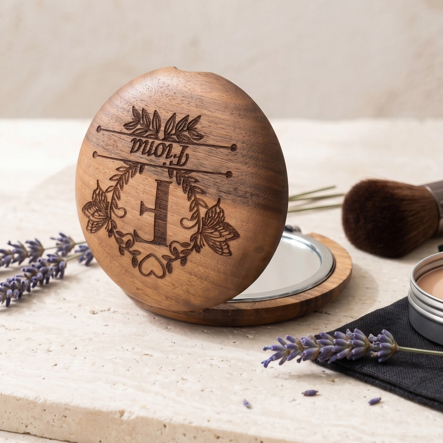 Personalized Hand Carved Walnut Pocket Mirror