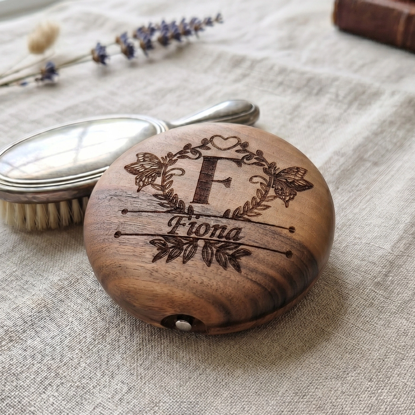Personalized Hand Carved Walnut Pocket Mirror