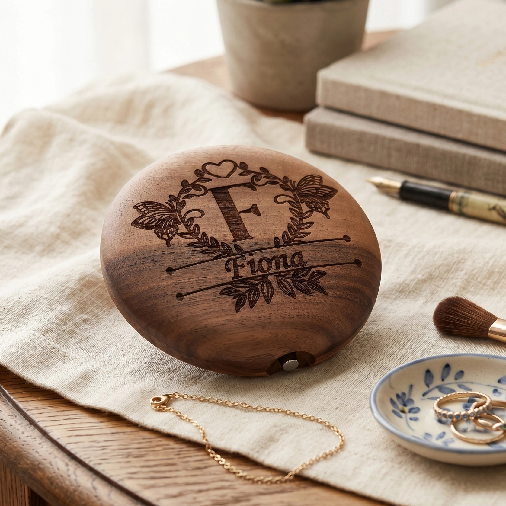 Personalized Hand Carved Walnut Pocket Mirror