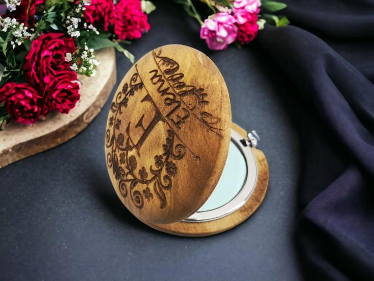 Personalized Hand Carved Walnut Pocket Mirror 