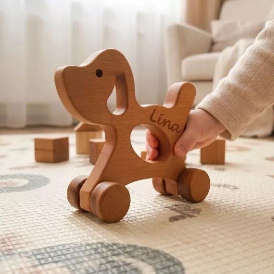  Tekerlekli Ahşap Oyuncak Köpek