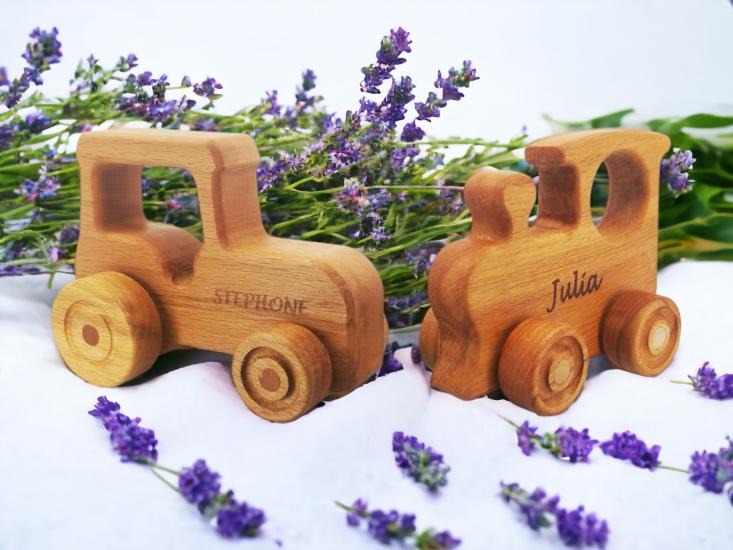 Personalized Wooden Toy Tractor and Locomotive 