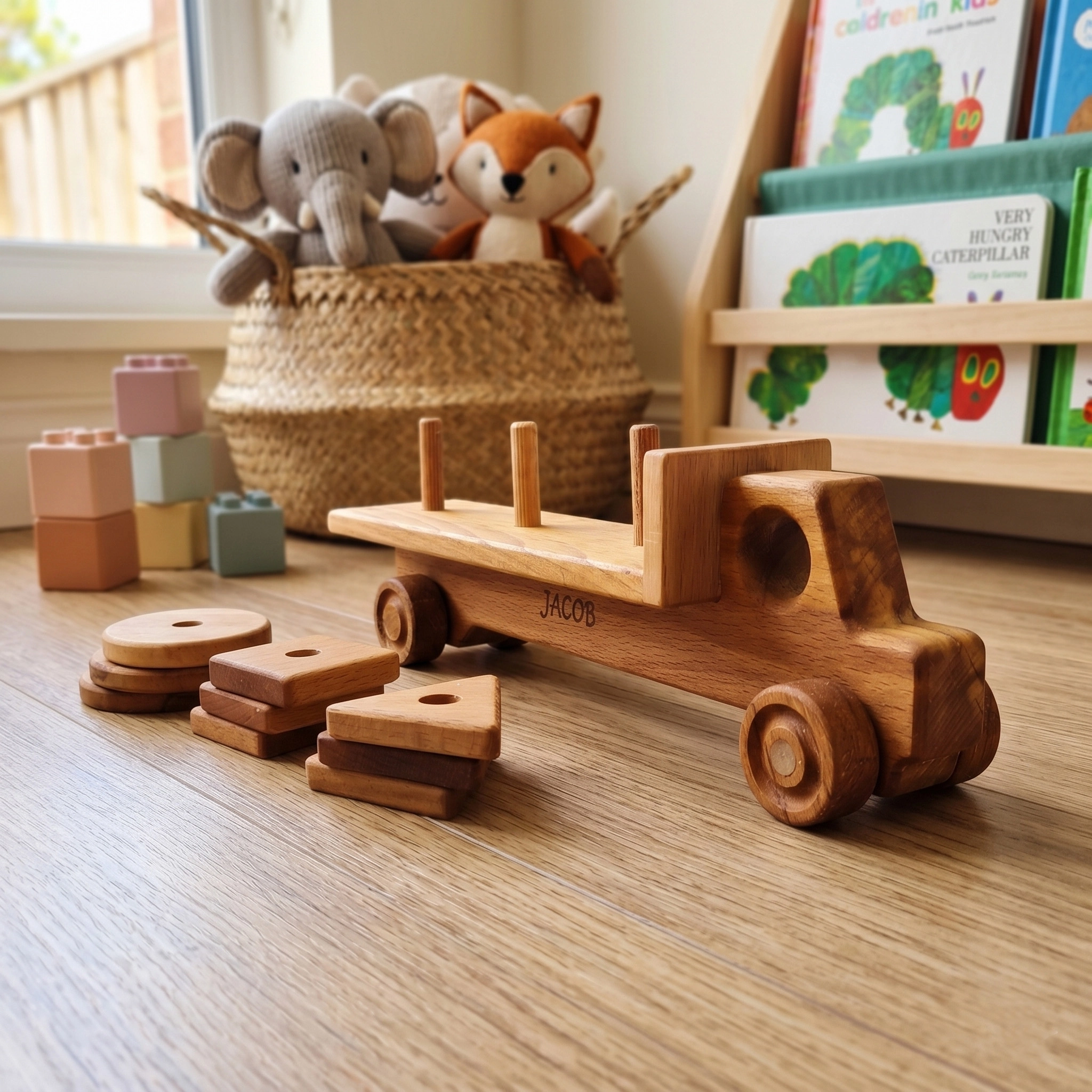 Personalized Wooden Truck with Geometric Blocks