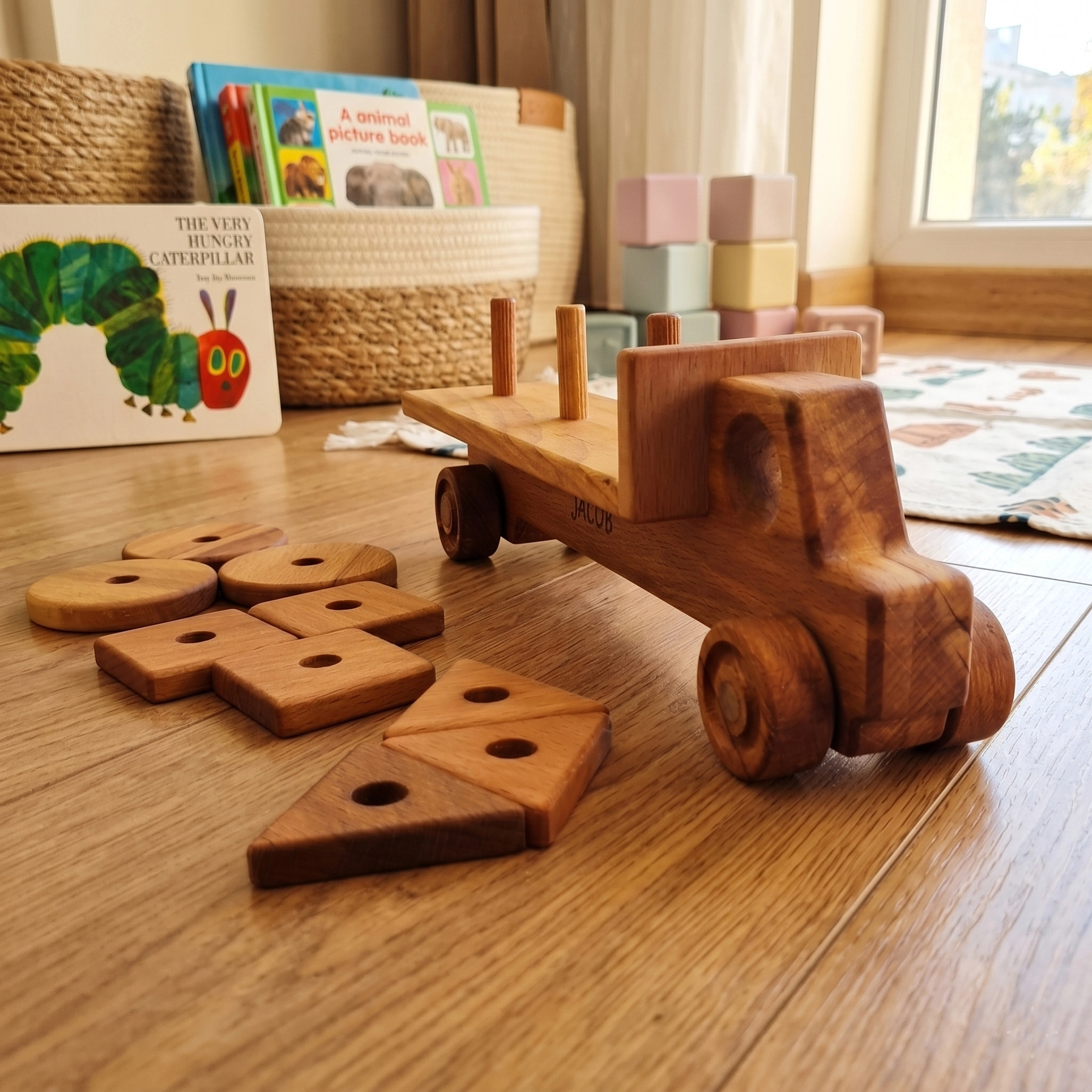Personalized Wooden Truck with Geometric Blocks