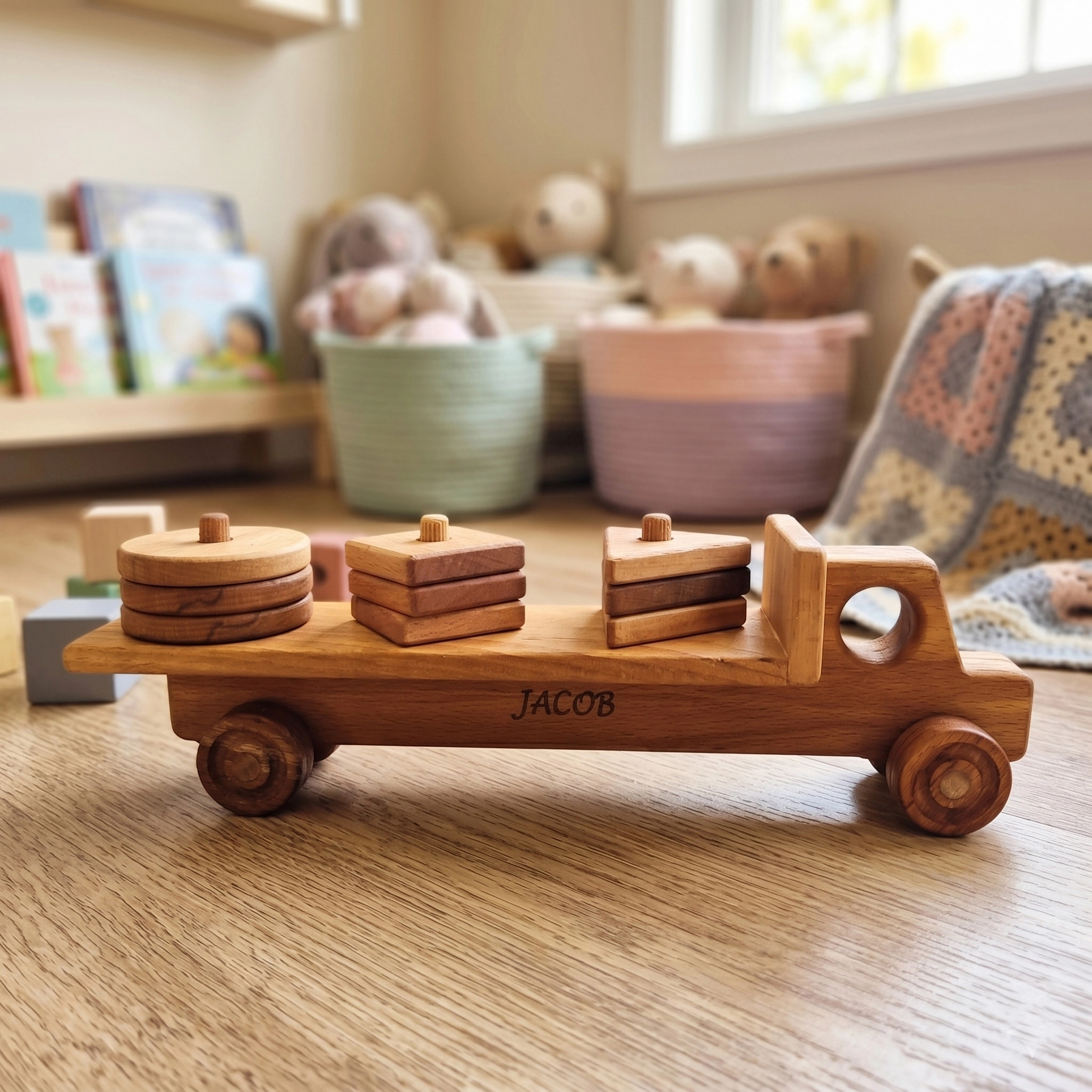 Personalized Wooden Truck with Geometric Blocks