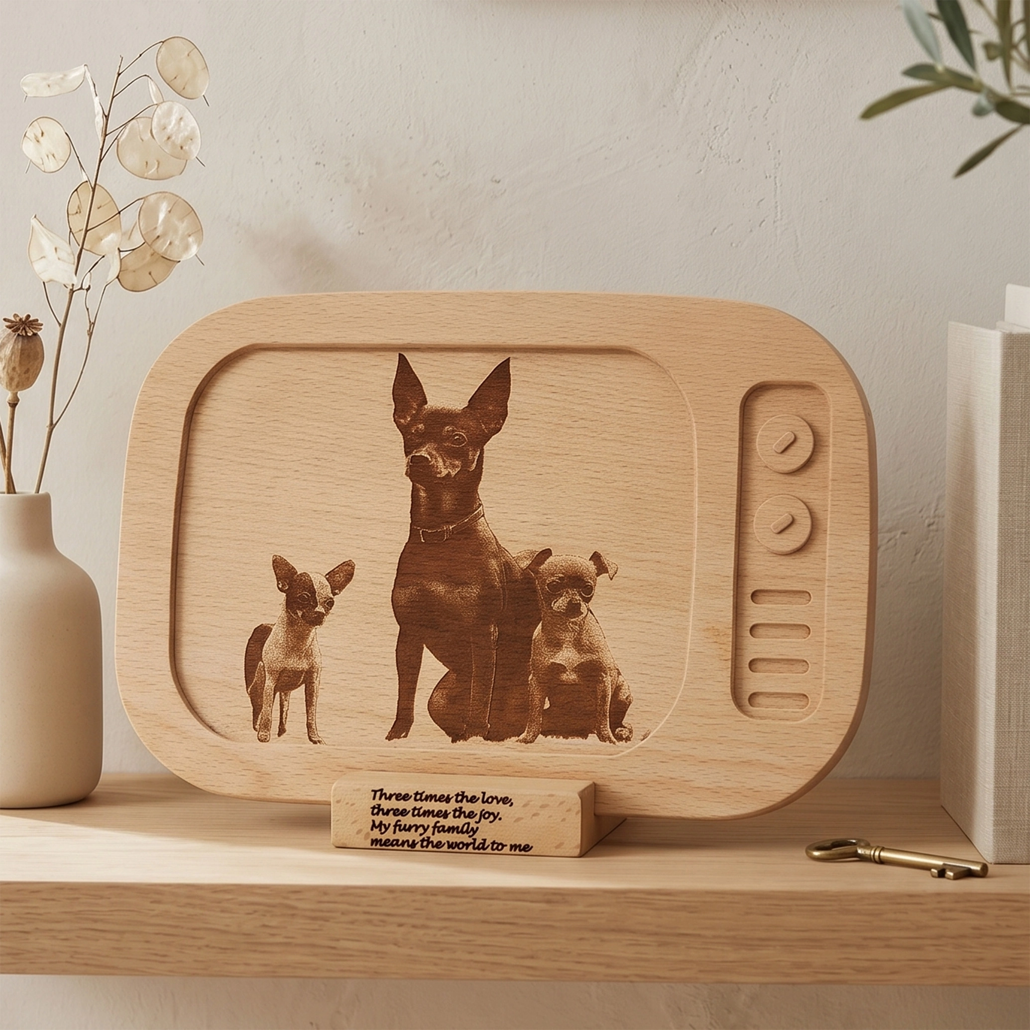 Vintage TV Tasarımlı Ahşap Evcil Hayvan Plaketi