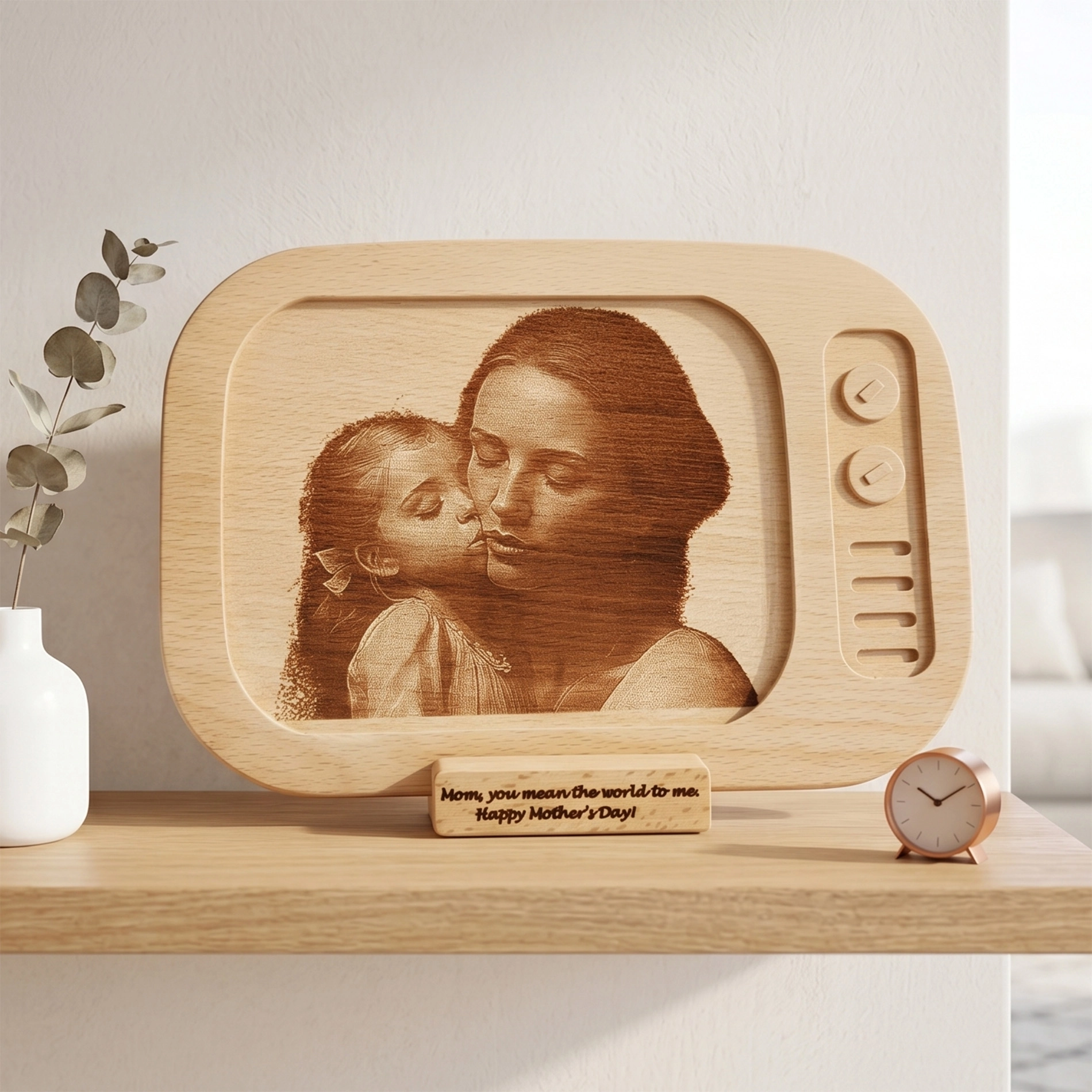 Retro TV Tasarımıyla Lazerle Kazınmış Ahşap Fotoğraf Plaketi