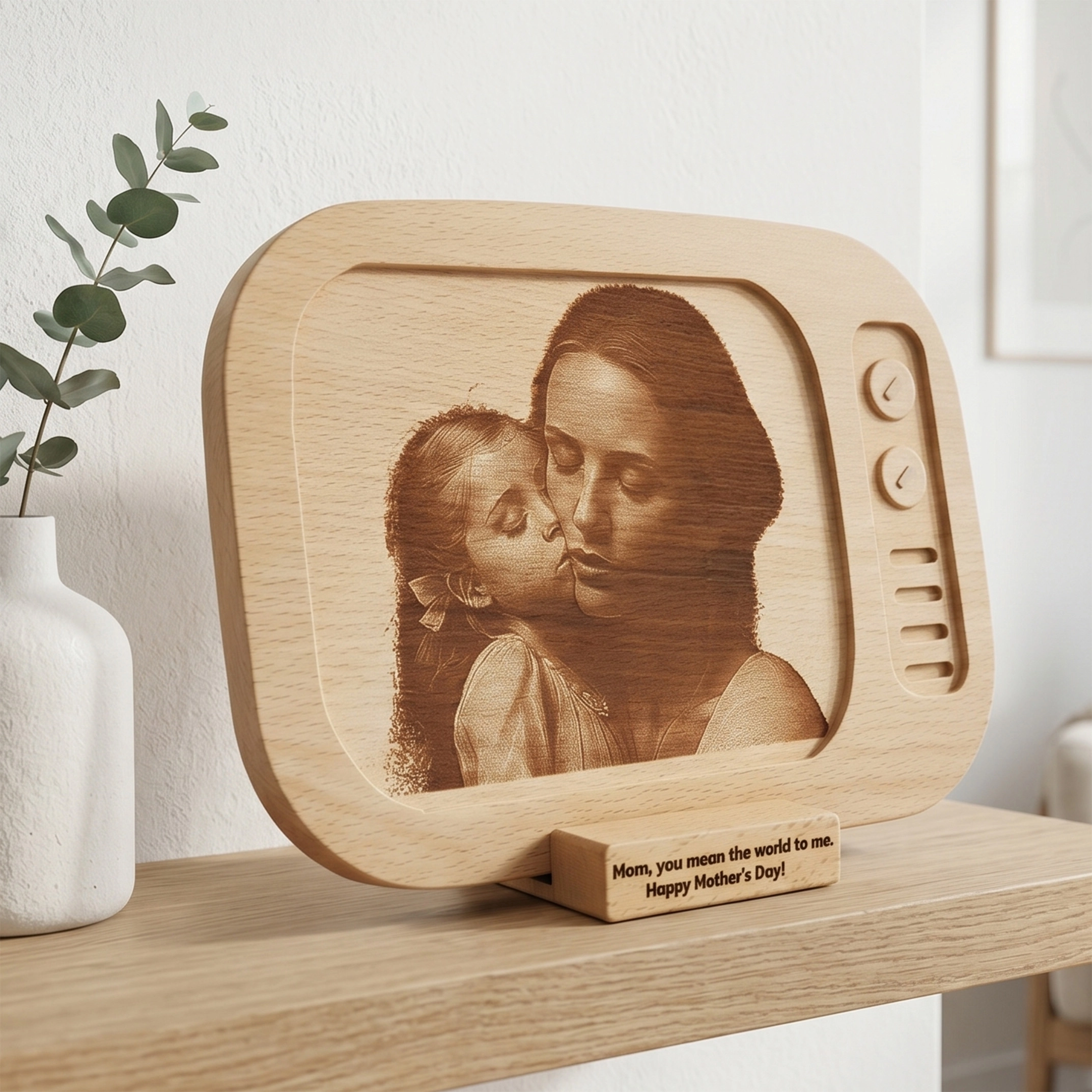 Retro TV Tasarımıyla Lazerle Kazınmış Ahşap Fotoğraf Plaketi