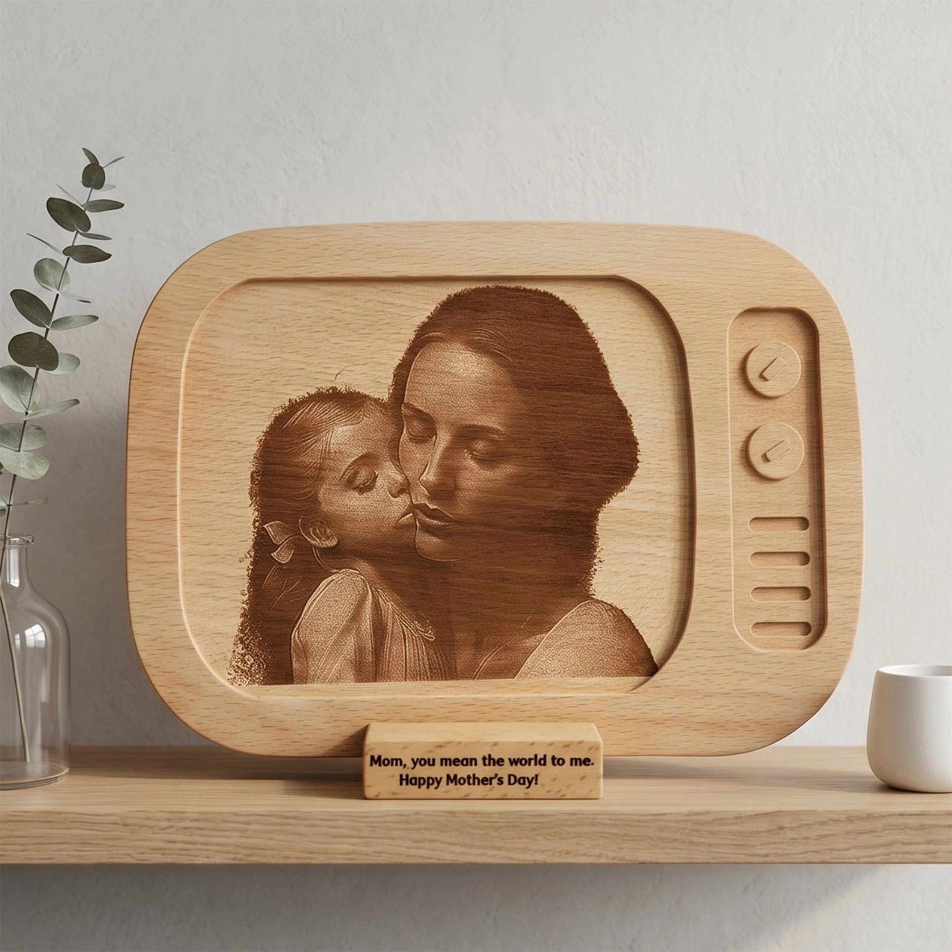 Retro TV Tasarımıyla Lazerle Kazınmış Ahşap Fotoğraf Plaketi
