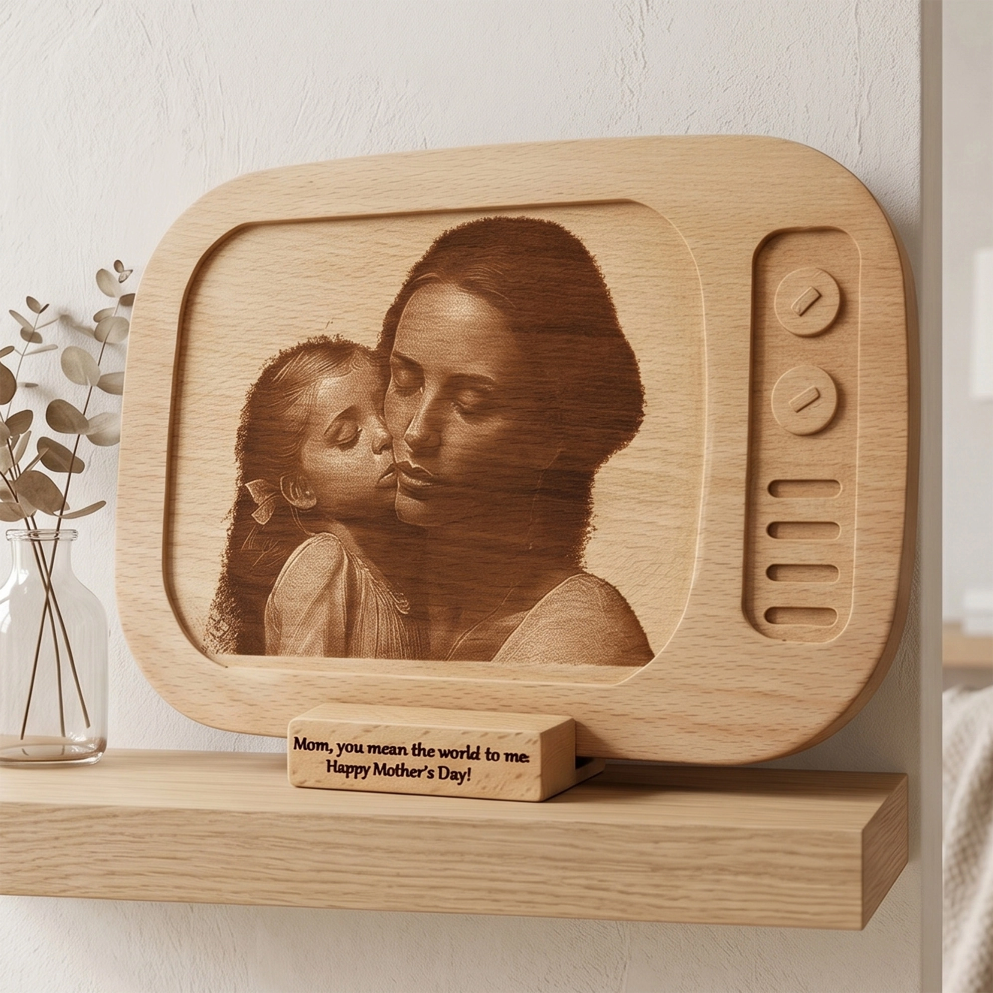 Retro TV Tasarımıyla Lazerle Kazınmış Ahşap Fotoğraf Plaketi