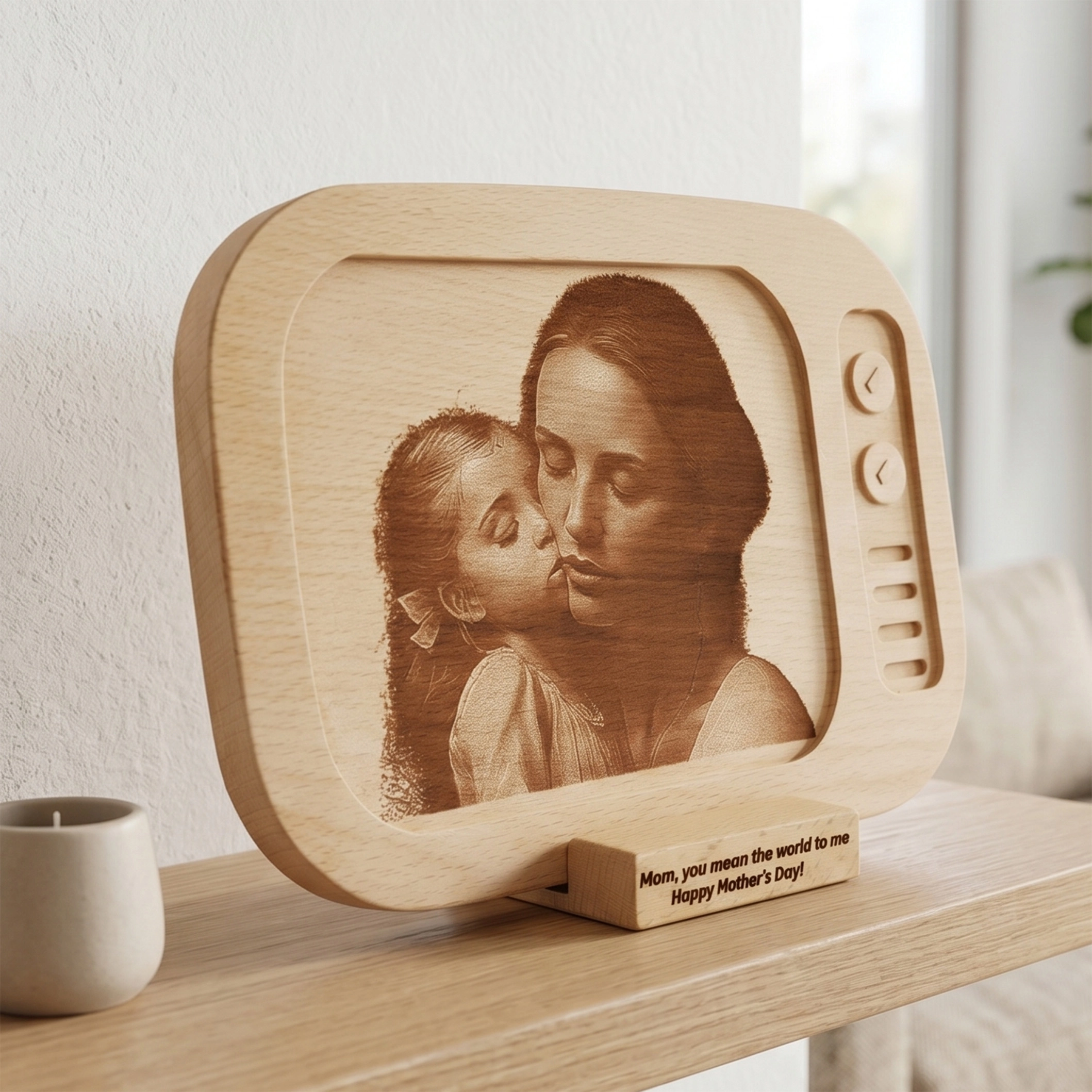 Retro TV Tasarımıyla Lazerle Kazınmış Ahşap Fotoğraf Plaketi